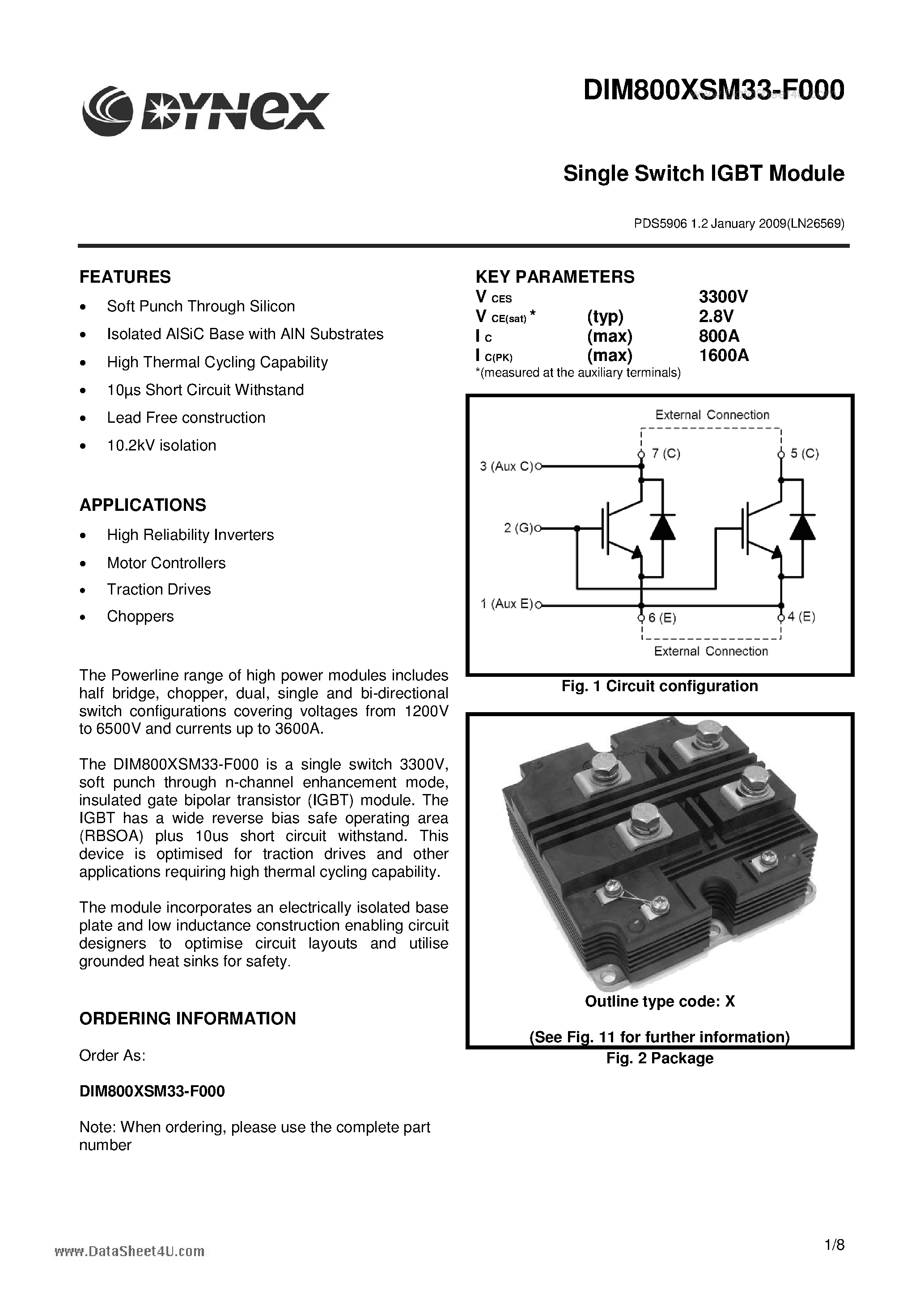 Даташит DIM800XSM33-F000 - Single Switch IGBT Module страница 1
