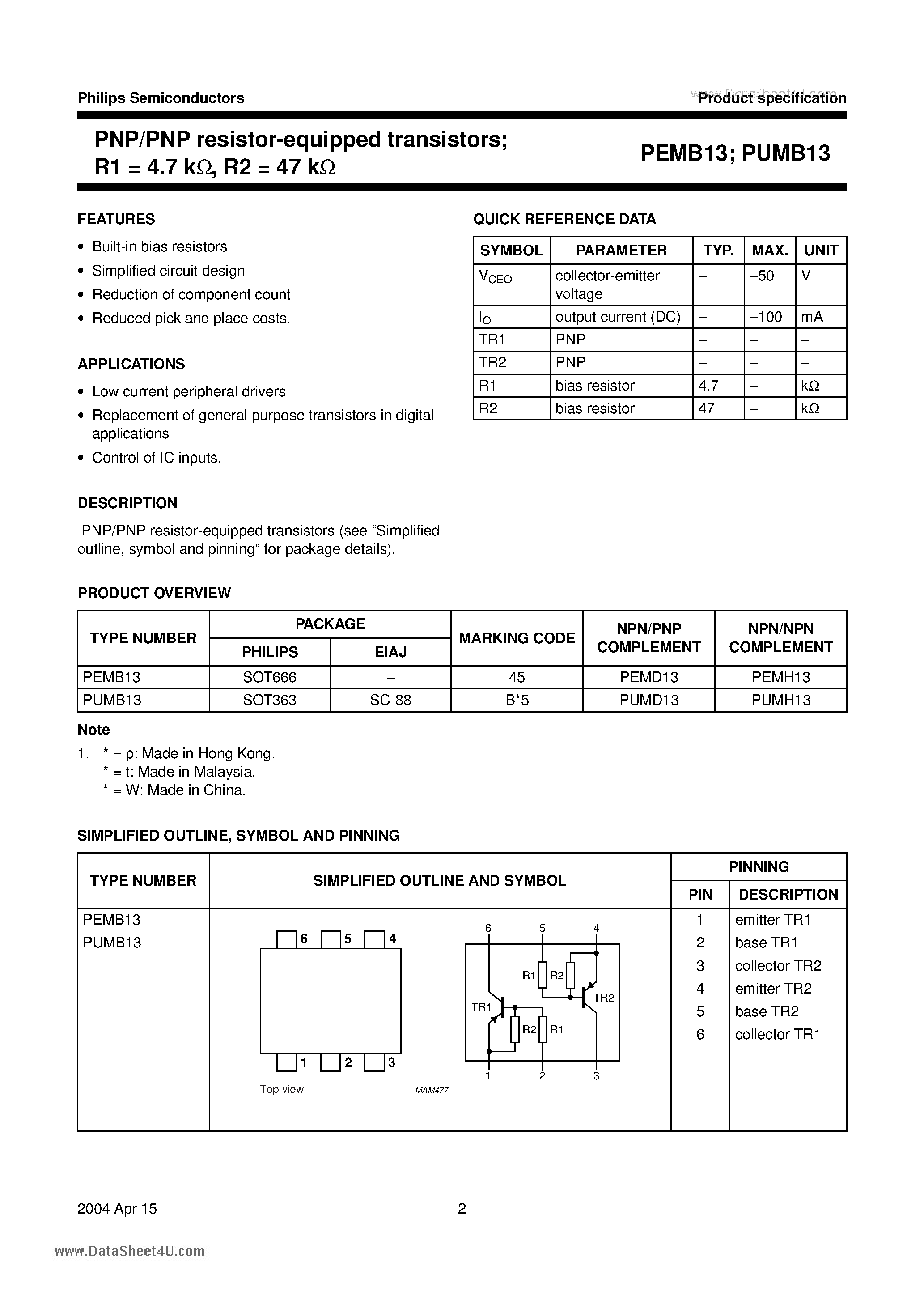 Datasheet PUMB13 - PNP/PNP resistor-equipped transistors R1=4.7k-ohm R2=47k-ohm page 2