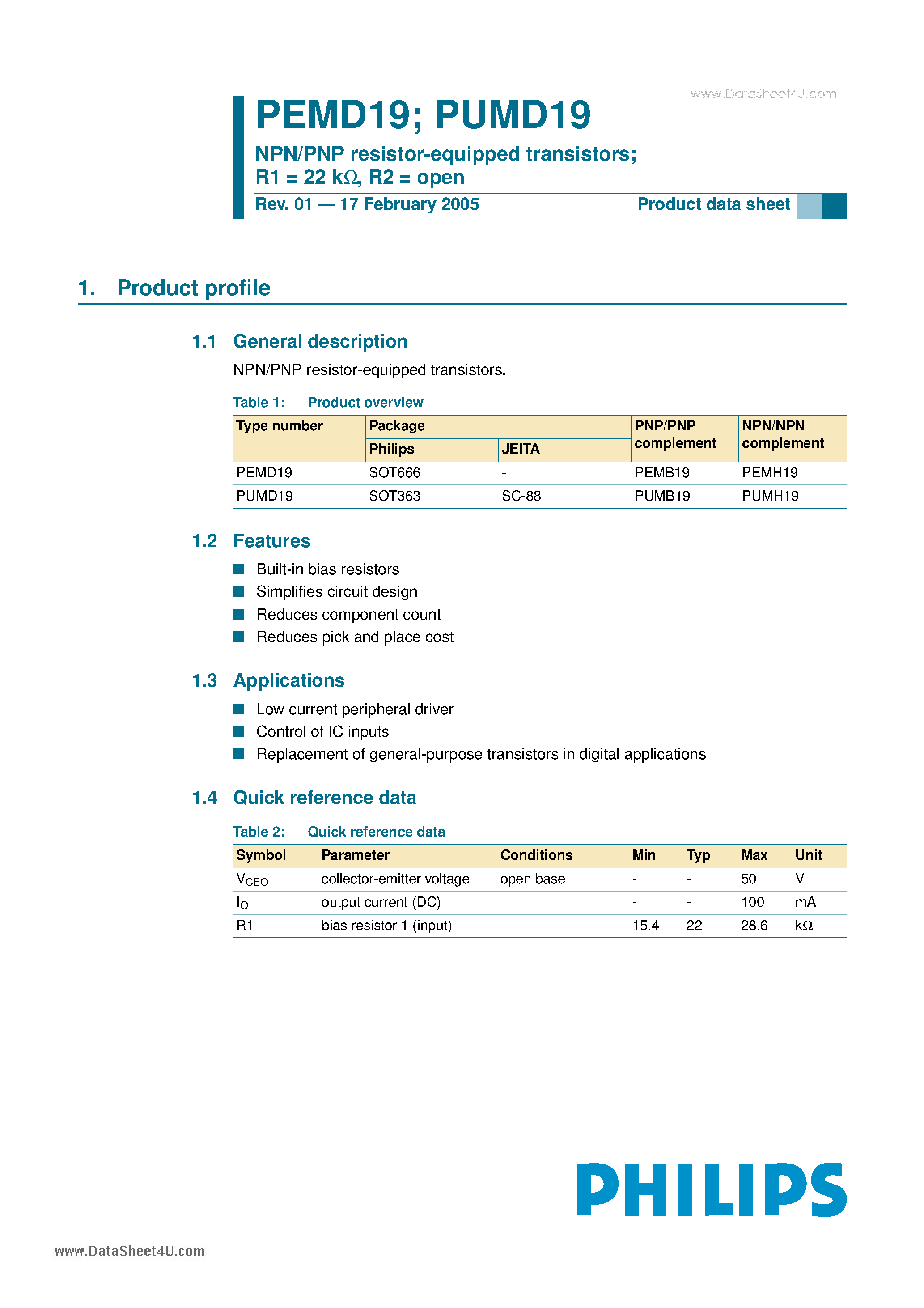 Datasheet PUMD19 - NPN/PNP resistor-equipped transistors page 1