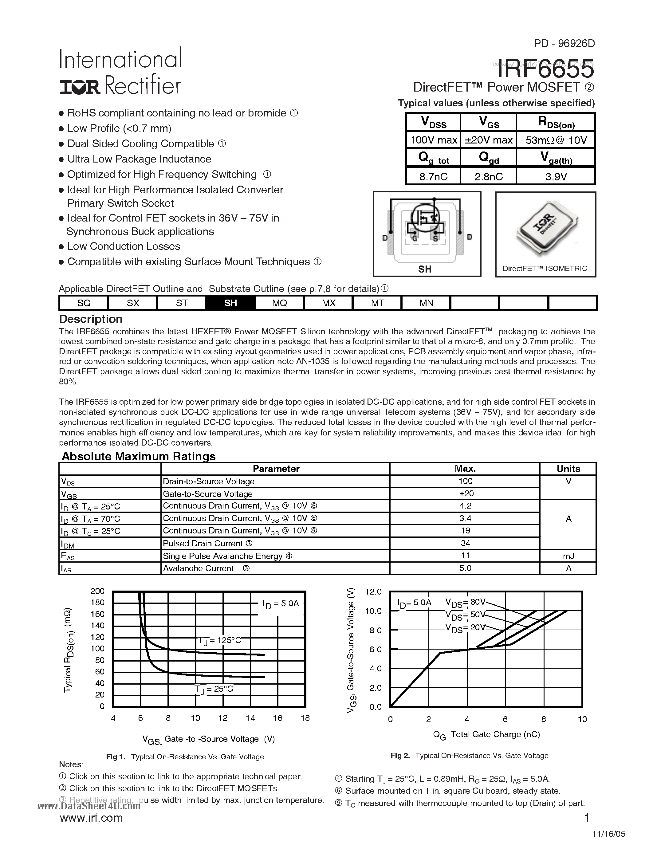 Datasheet IRF6655 - DirectFET Power MOSFET Typical values page 1