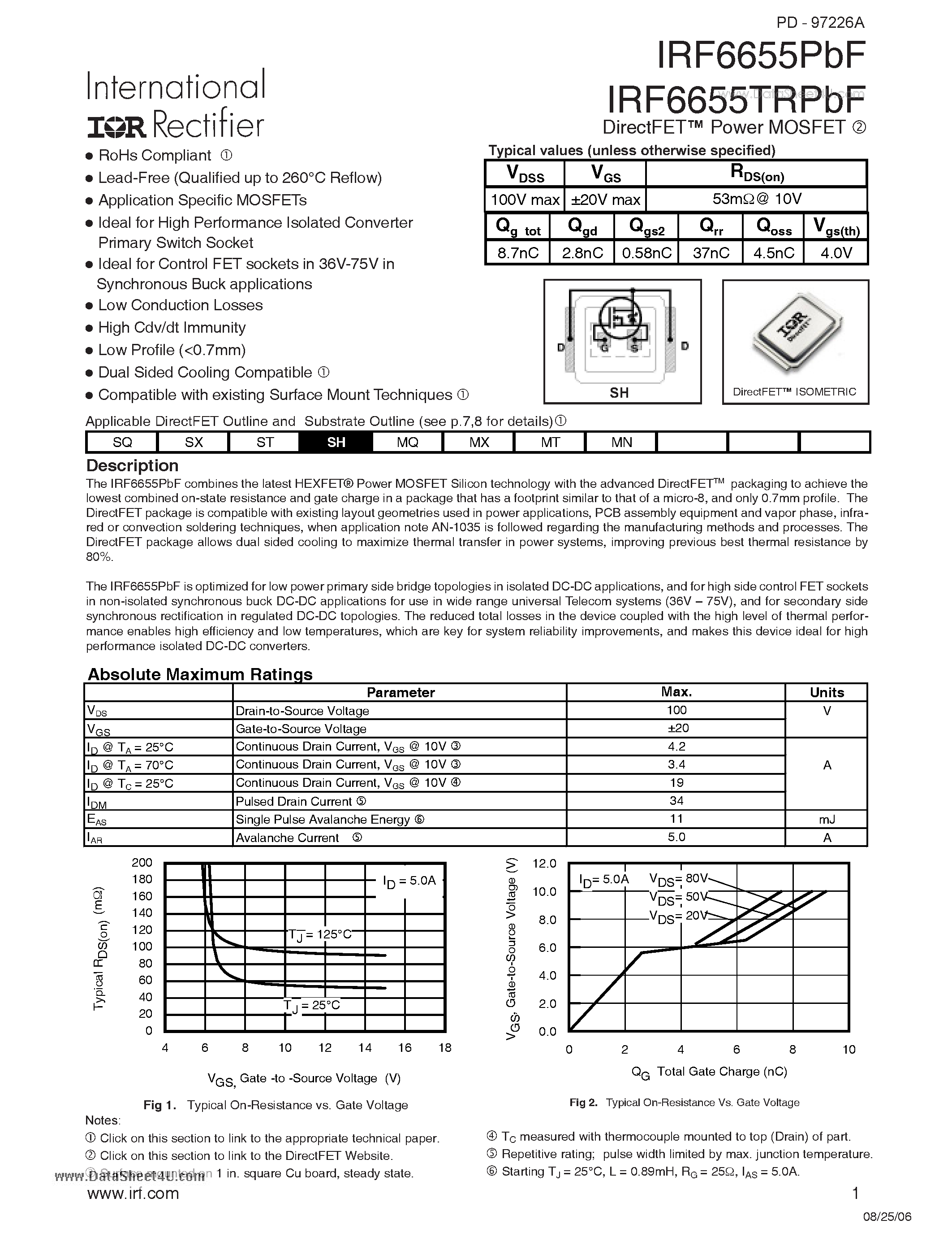 Datasheet IRF6655RPBF - DirectFET Power MOSFET page 1