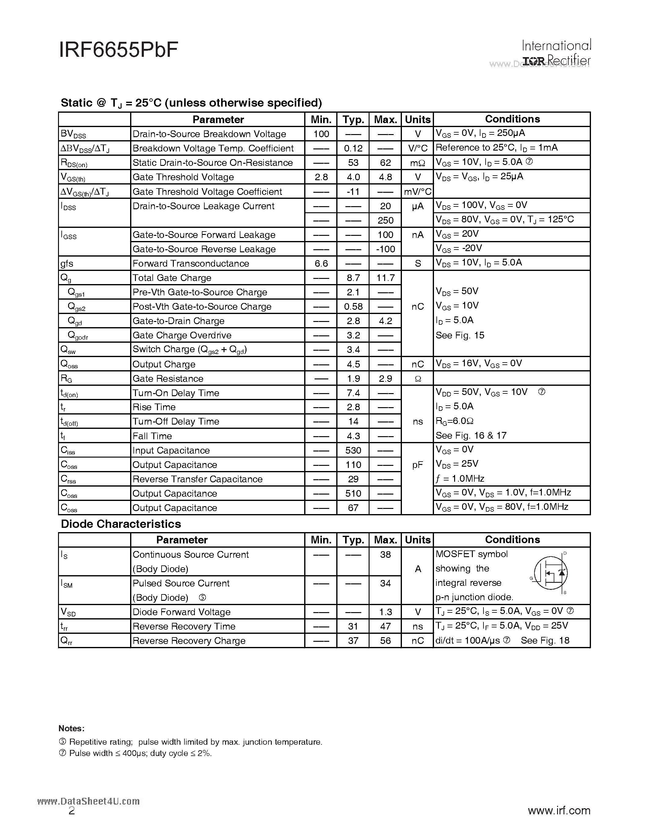 Datasheet IRF6655RPBF - DirectFET Power MOSFET page 2