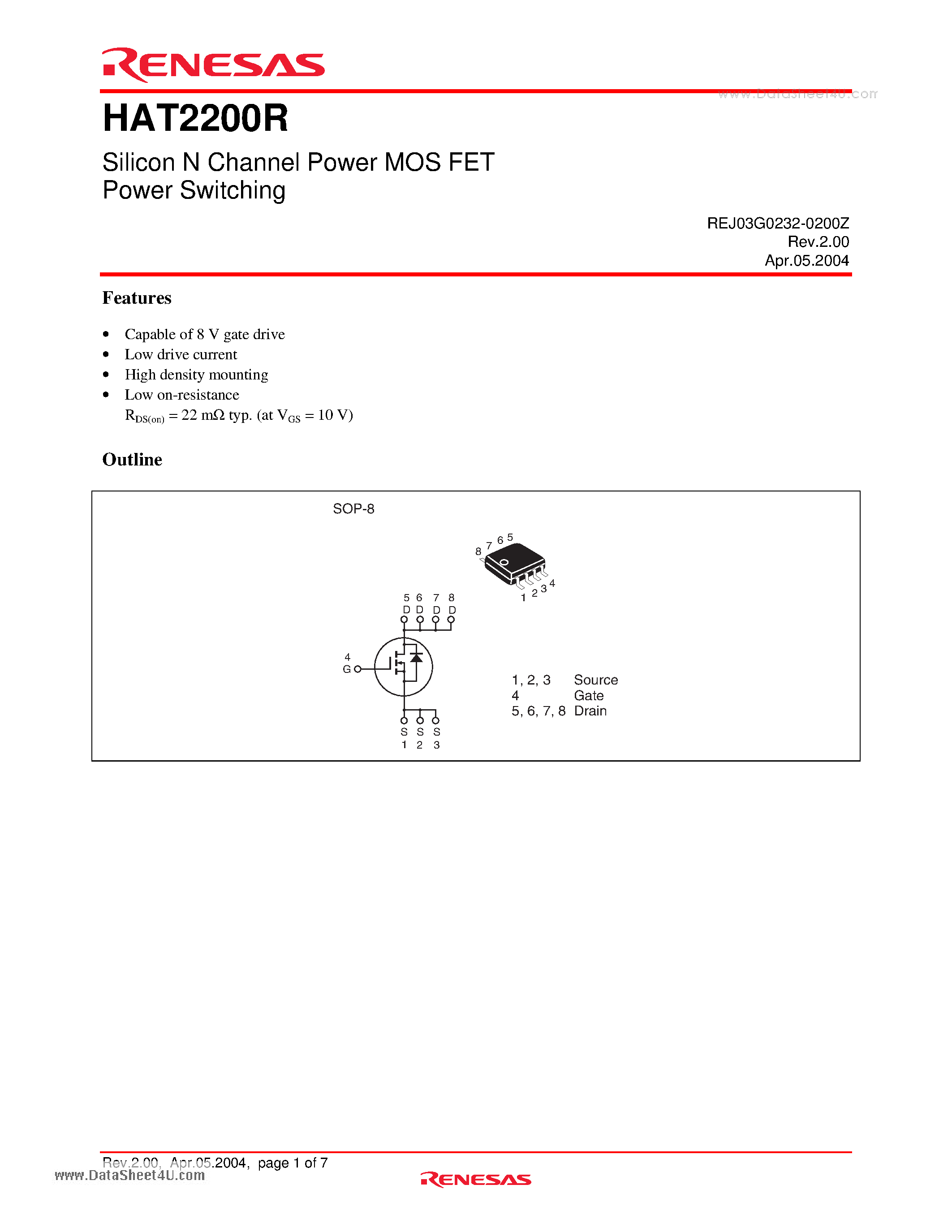 Datasheet HAT2200R page 1 Datasheet HAT2200R - Silicon N Channel Power MOS FET Power Switching page 1