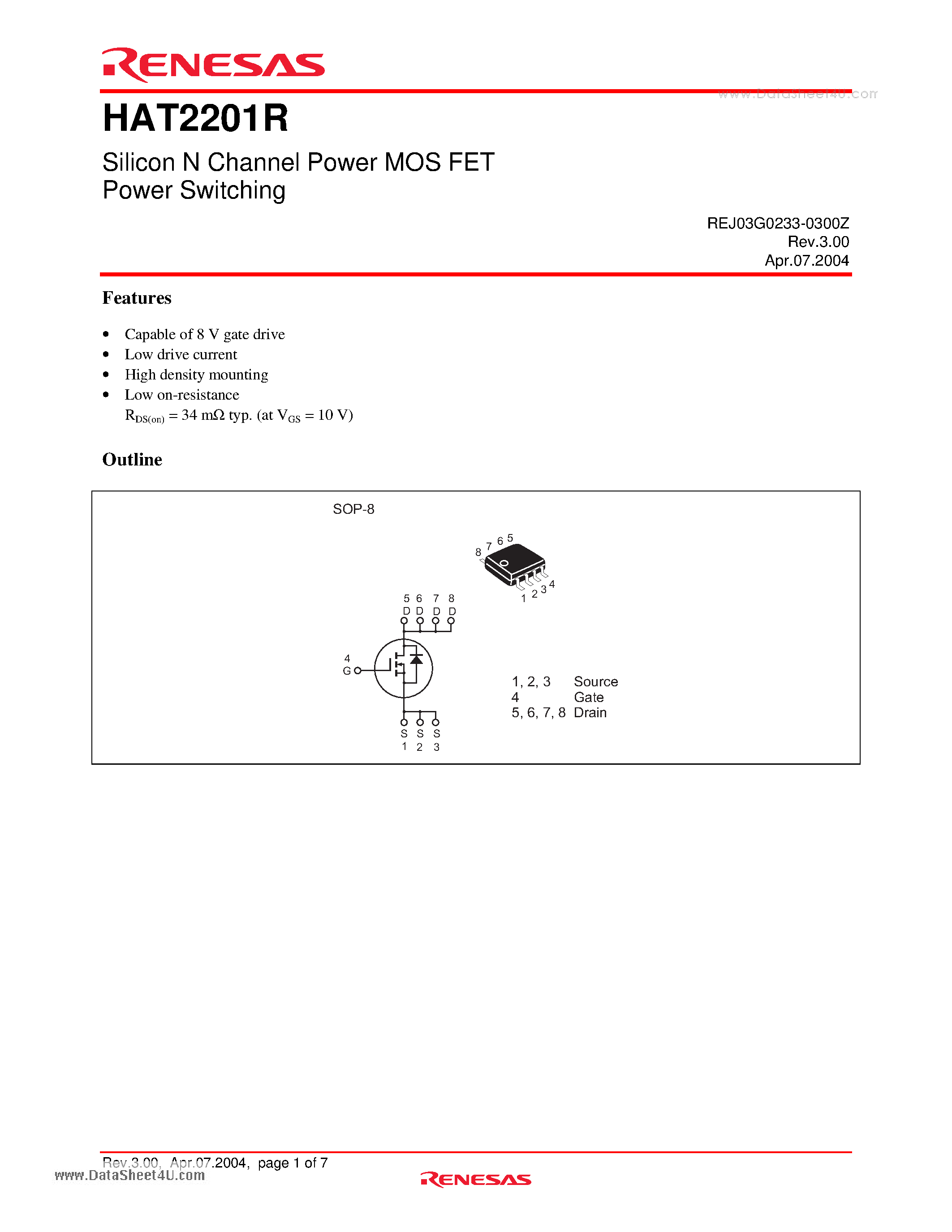 Datasheet HAT2201R - Silicon N Channel Power MOS FET Power Switching page 1