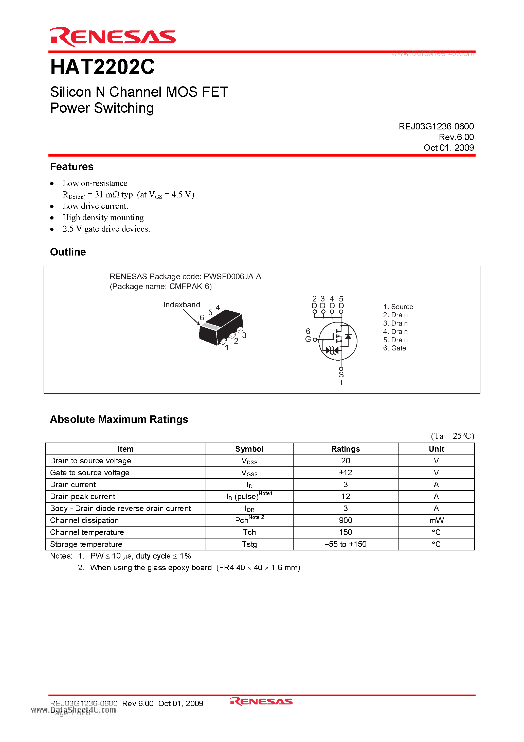 Datasheet HAT2202C page 1 Datasheet HAT2202C - Silicon N Channel Power MOS FET Power Switching page 1