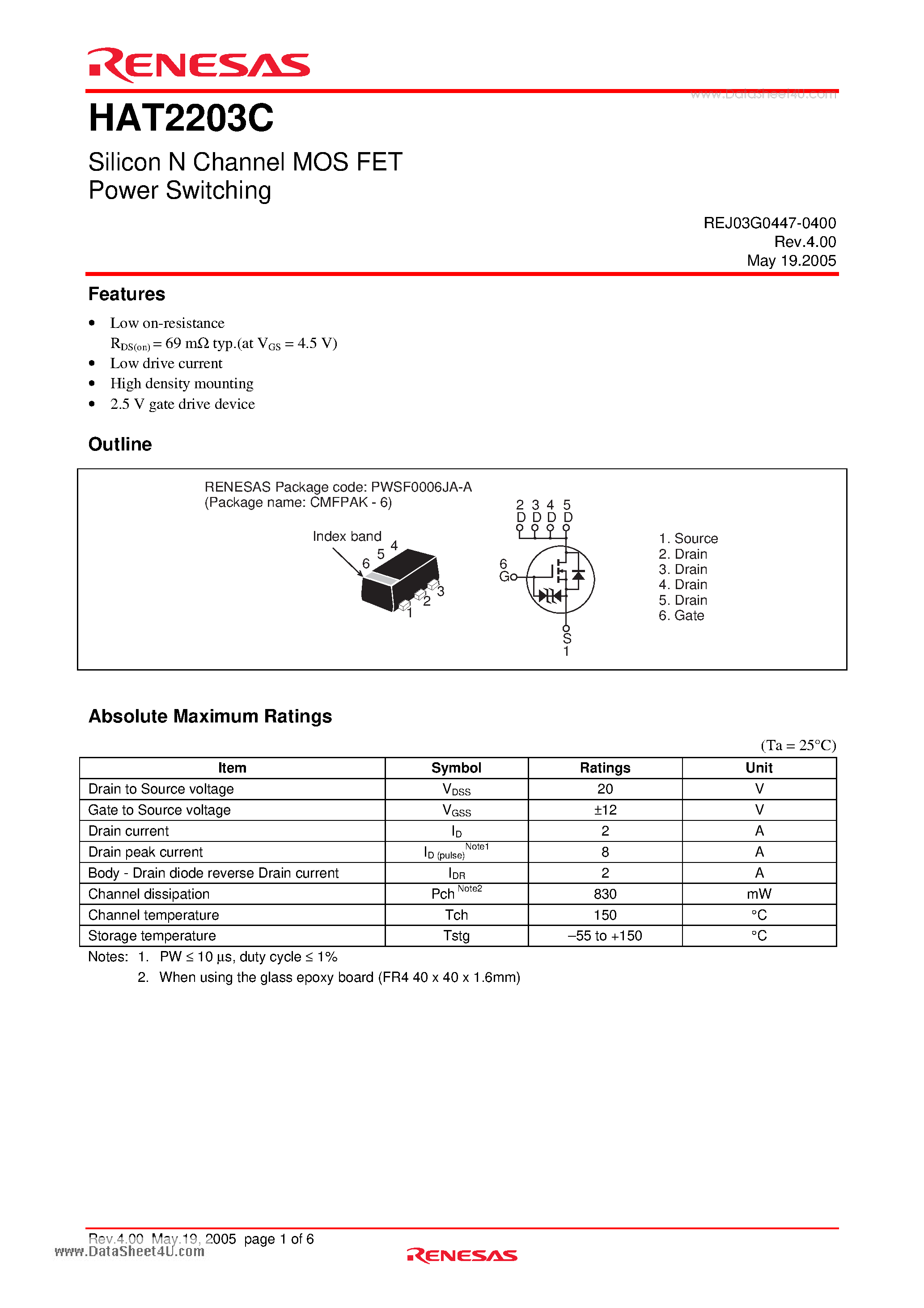 Datasheet HAT2203C - Silicon N Channel Power MOS FET Power Switching page 1