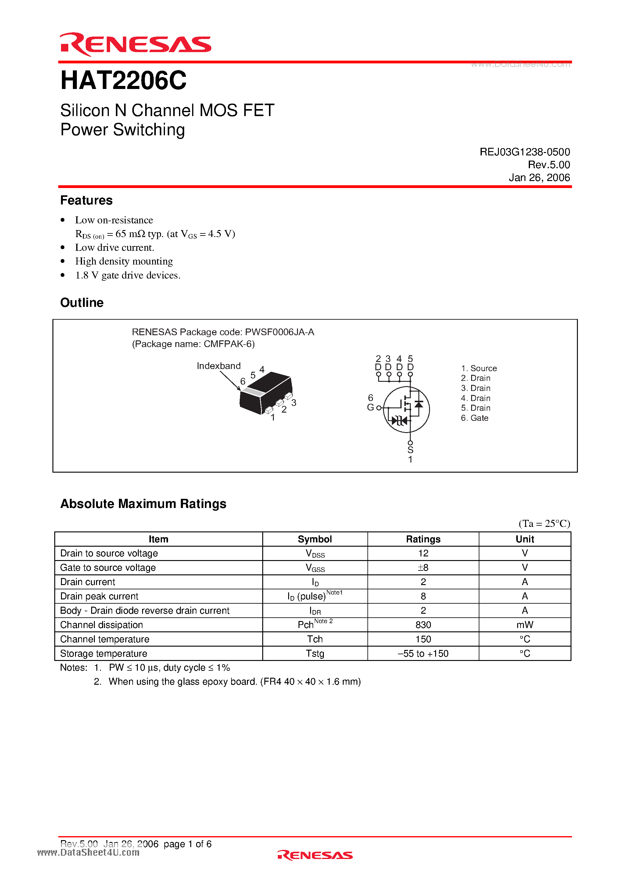 Datasheet HAT2206C page 1 Datasheet HAT2206C - Silicon N Channel Power MOS FET Power Switching page 1