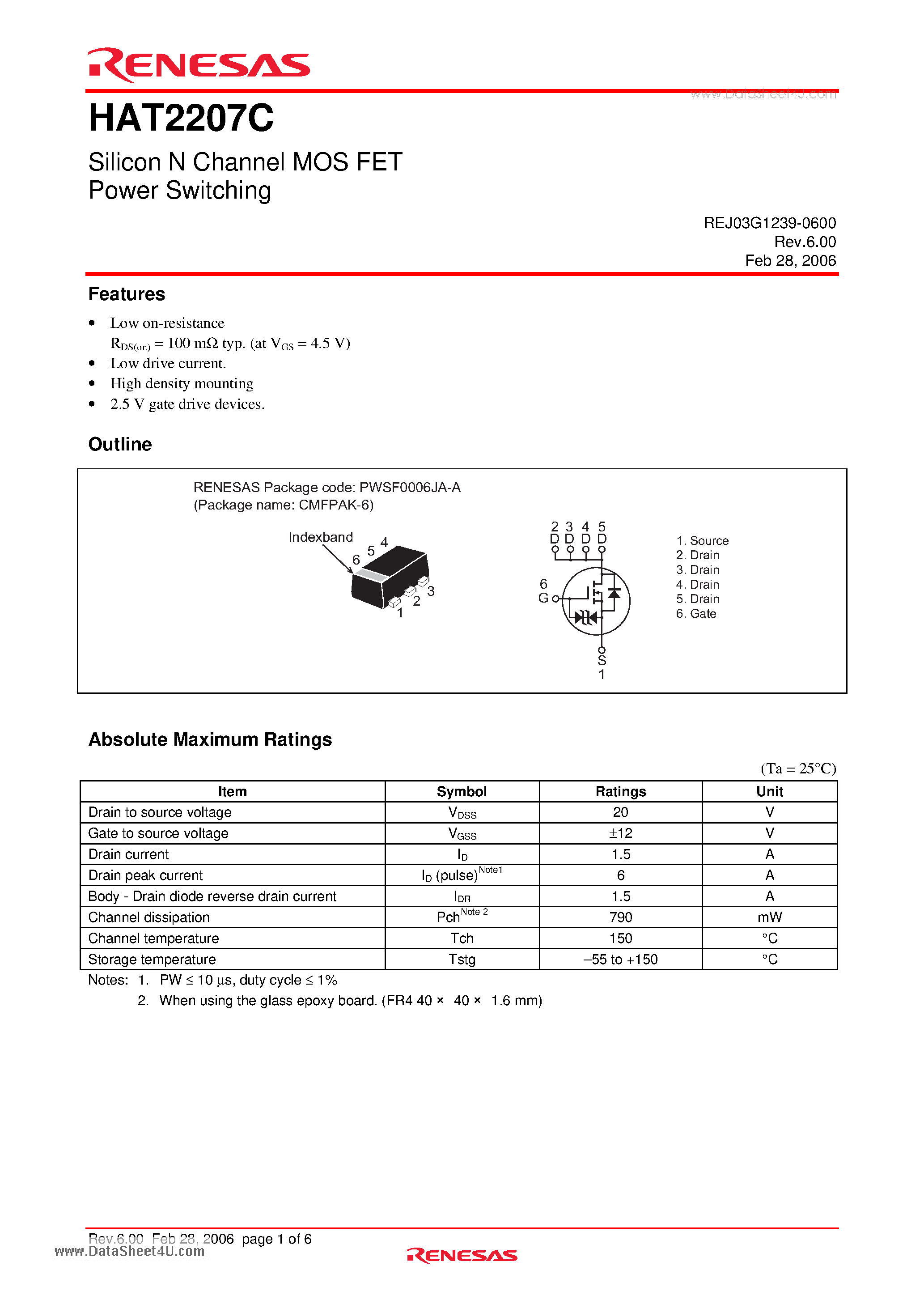 Datasheet HAT2207C - Silicon N Channel Power MOS FET Power Switching page 1