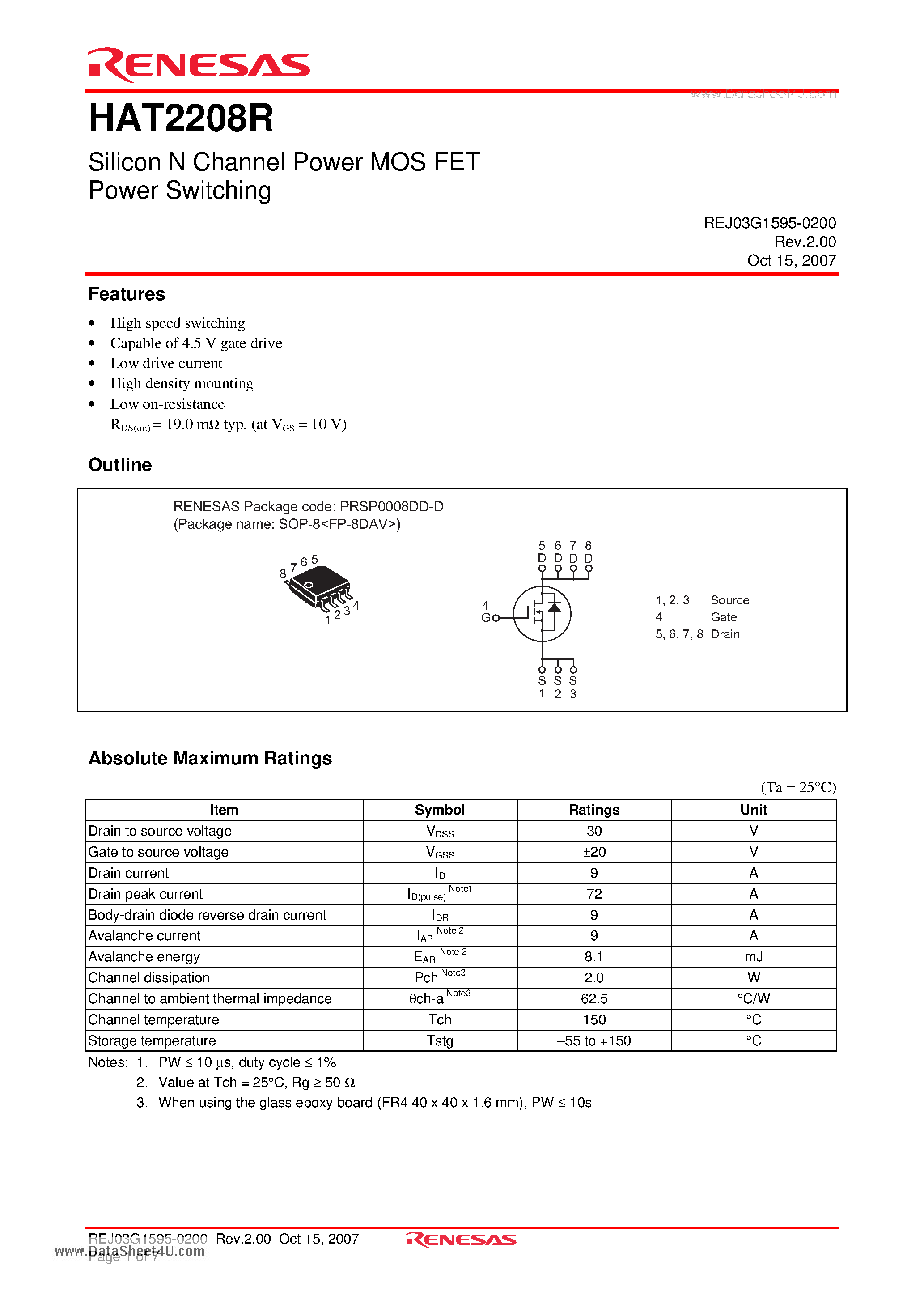 Datasheet HAT2208R page 1 Datasheet HAT2208R - Silicon N Channel Power MOS FET Power Switching page 1