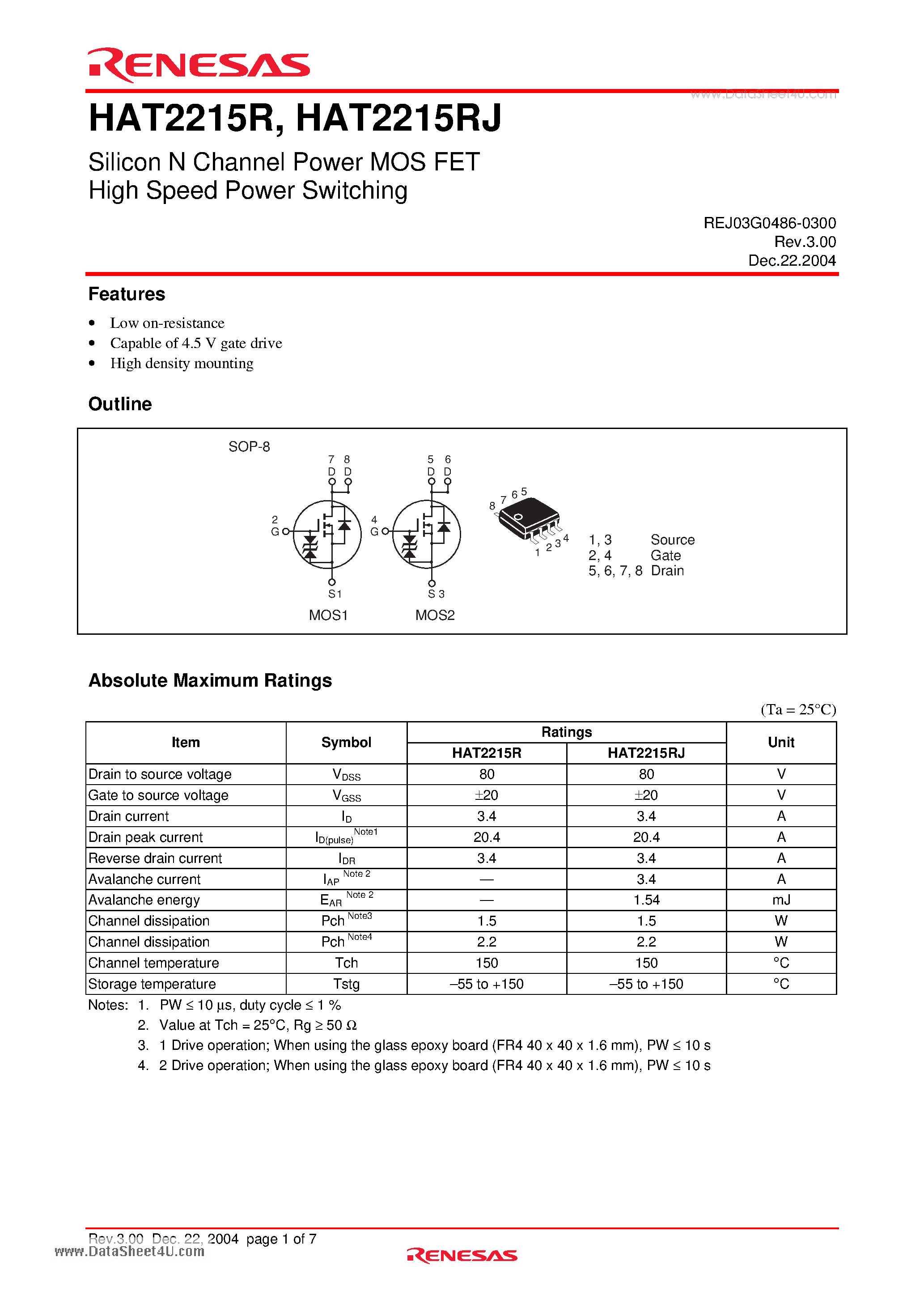 Datasheet HAT2215R page 1 Datasheet HAT2215R - Silicon N Channel Power MOS FET High Speed Power Switching page 1