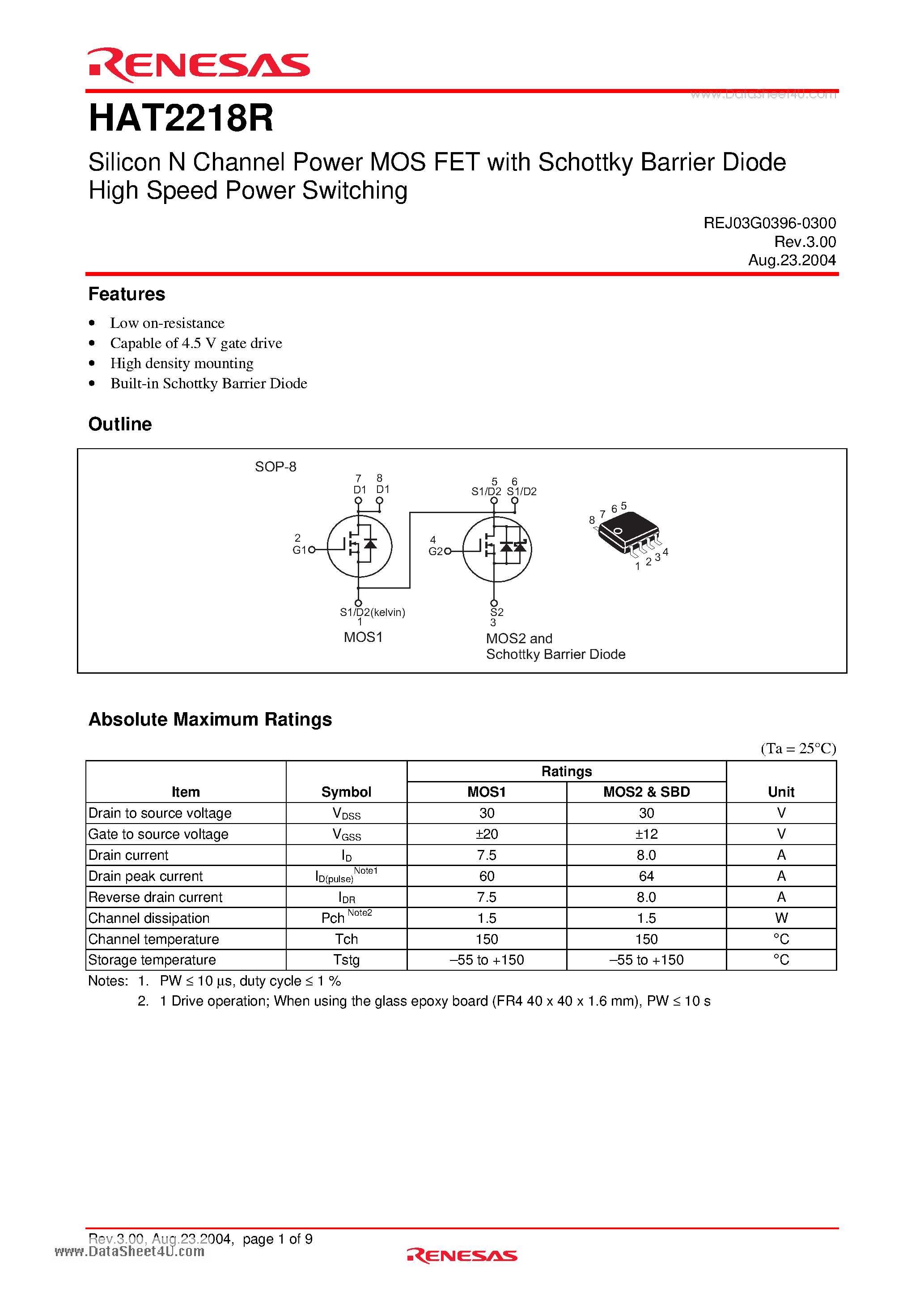 Datasheet HAT2218R - Silicon N Channel Power MOS FET page 1