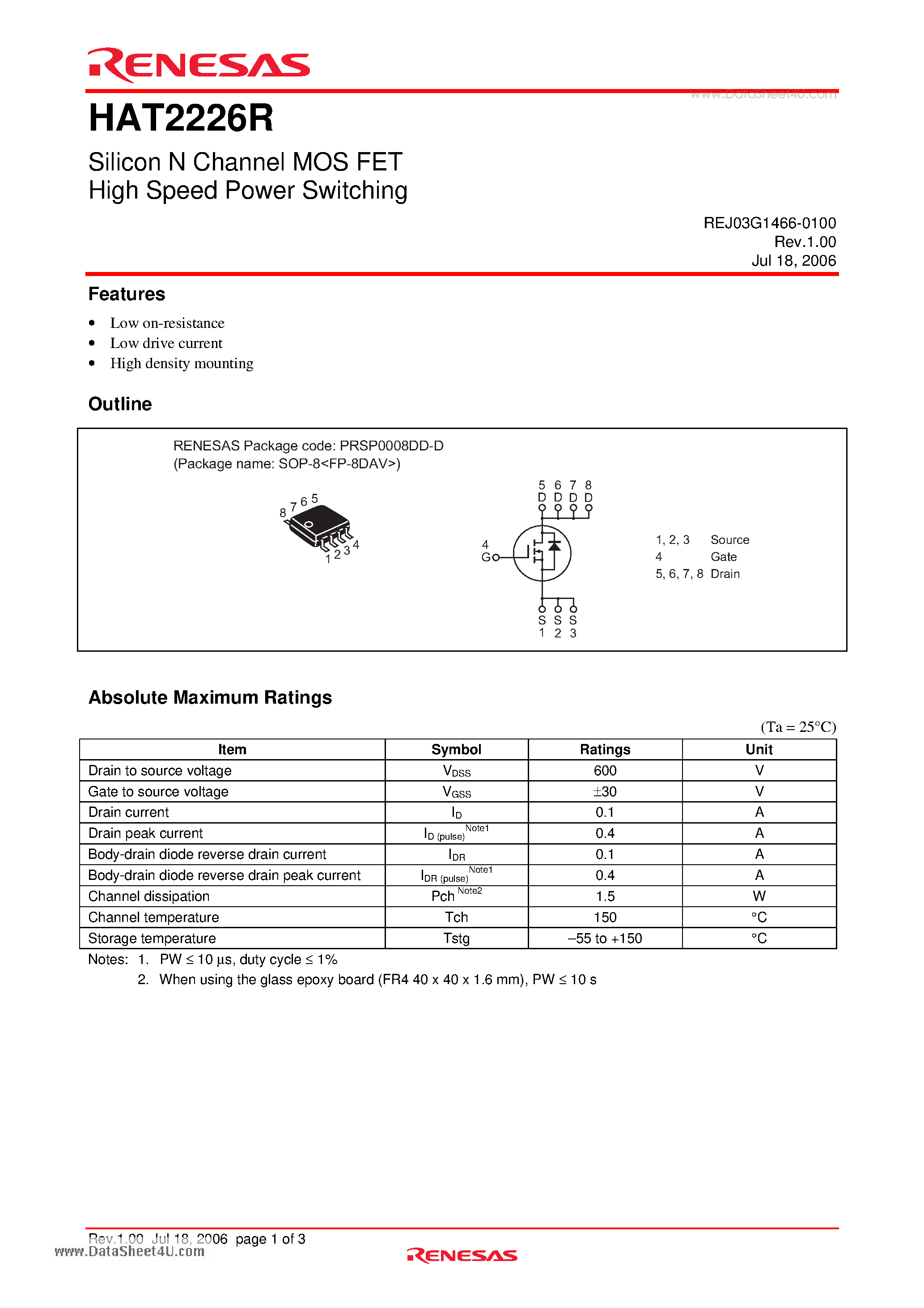 Datasheet HAT2226R - Silicon N Channel MOS FET High Speed Power Switching page 1