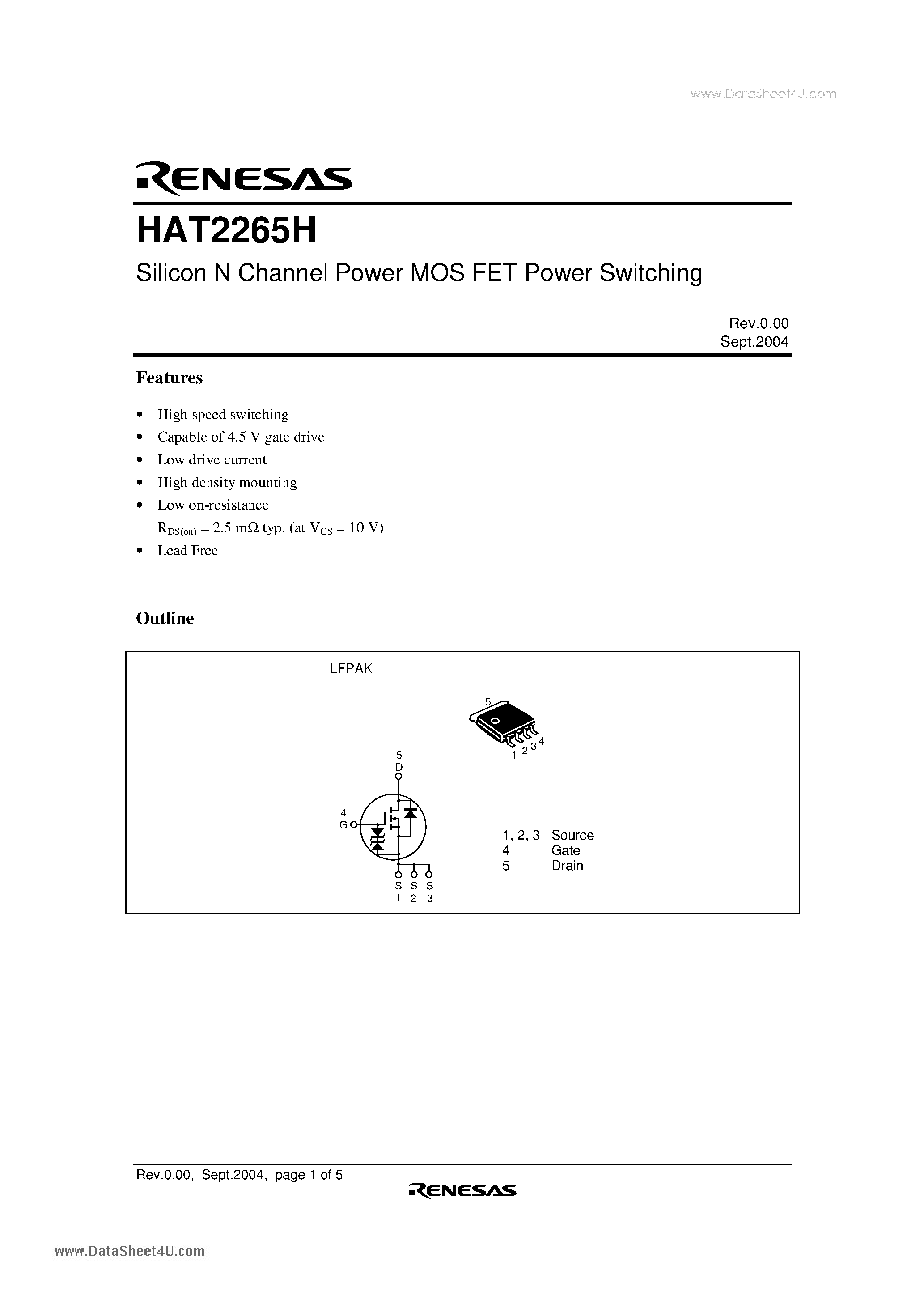 Datasheet HAT2265H - Silicon N Channel Power MOS FET Power Switching page 1