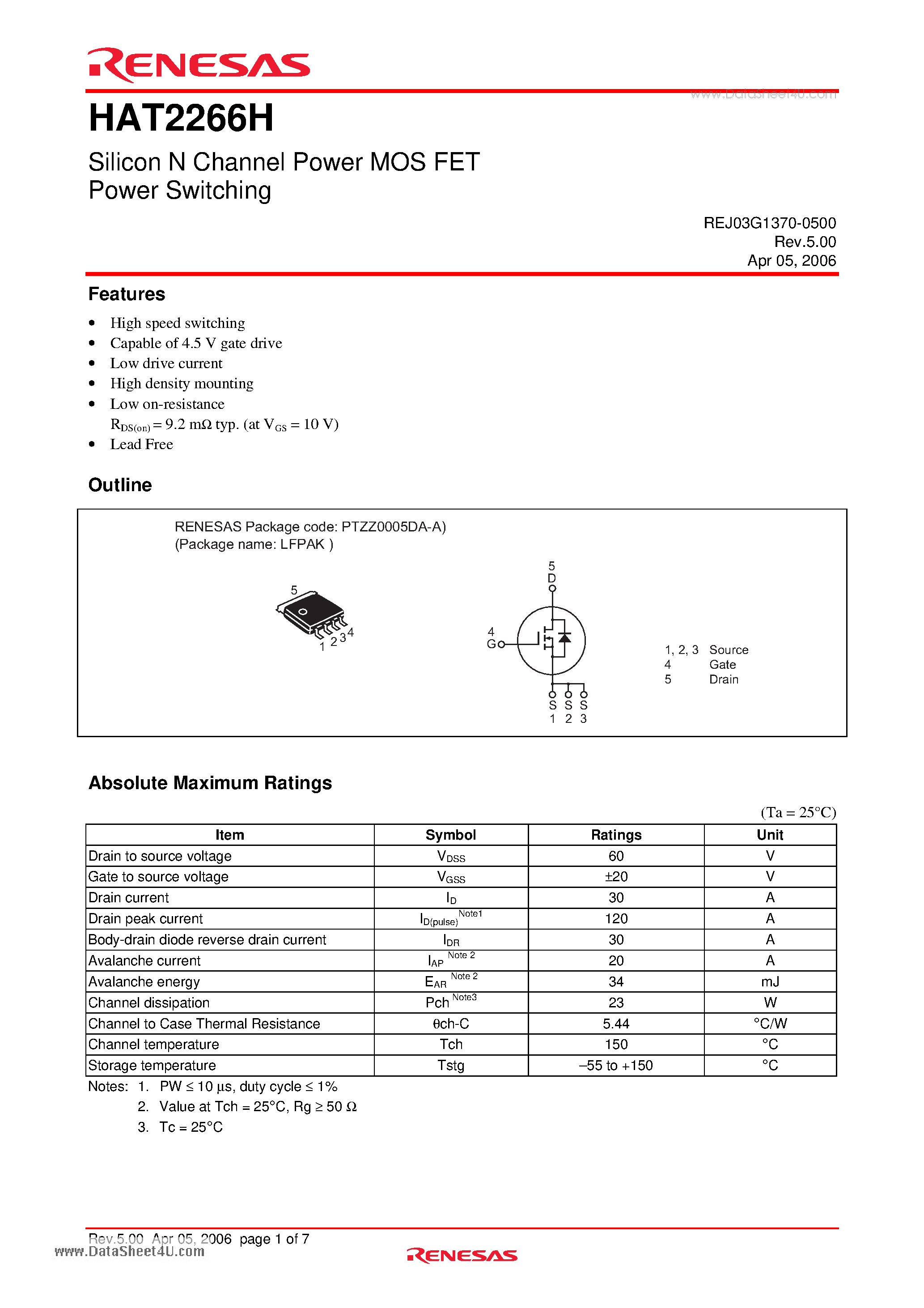 Datasheet HAT2266H - Silicon N Channel Power MOS FET Power Switching page 1