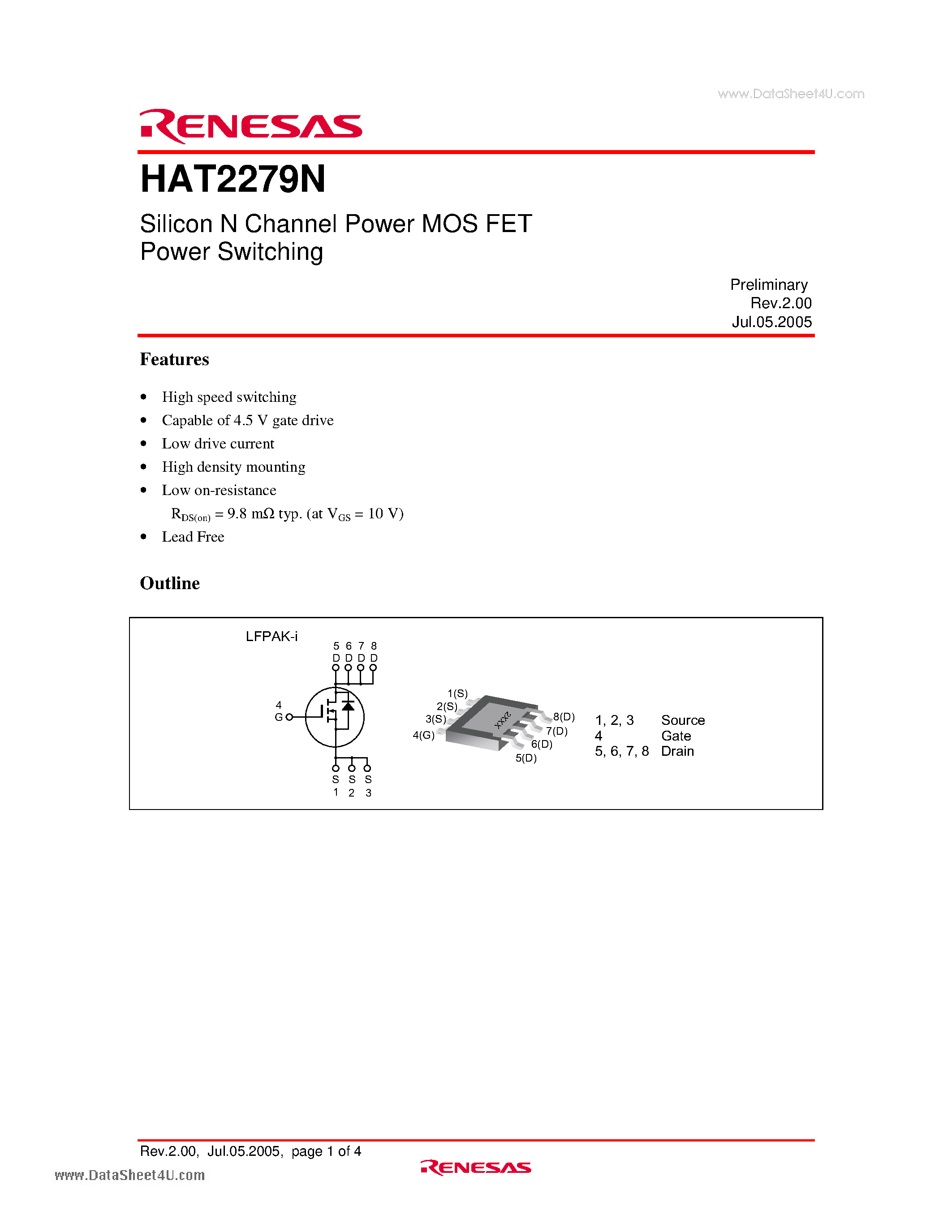 Datasheet HAT2279N page 1 Datasheet HAT2279N - Silicon N Channel Power MOS FET Power Switching page 1