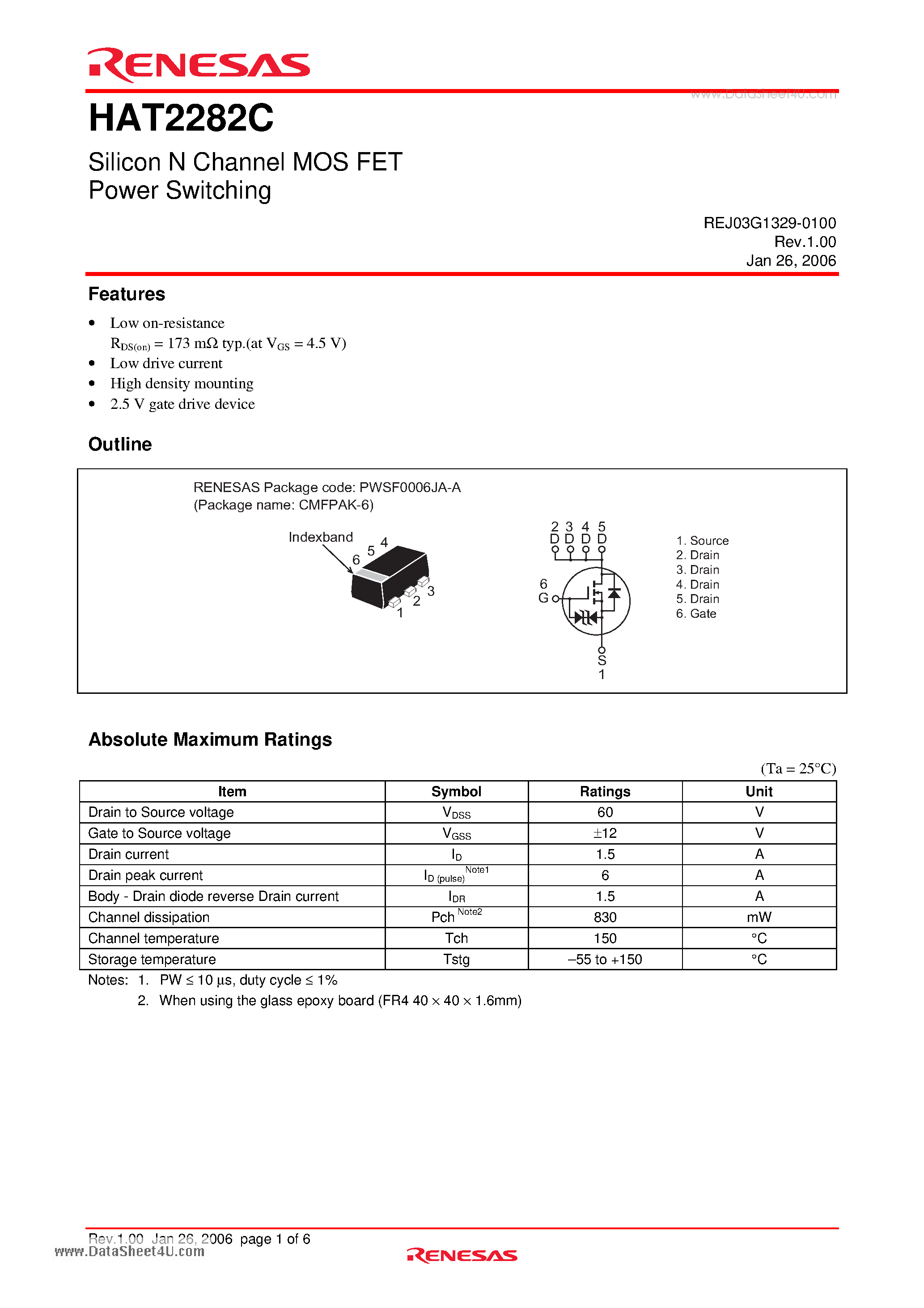 Datasheet HAT2282C page 1 Datasheet HAT2282C - Silicon N Channel MOS FET Power Switching page 1