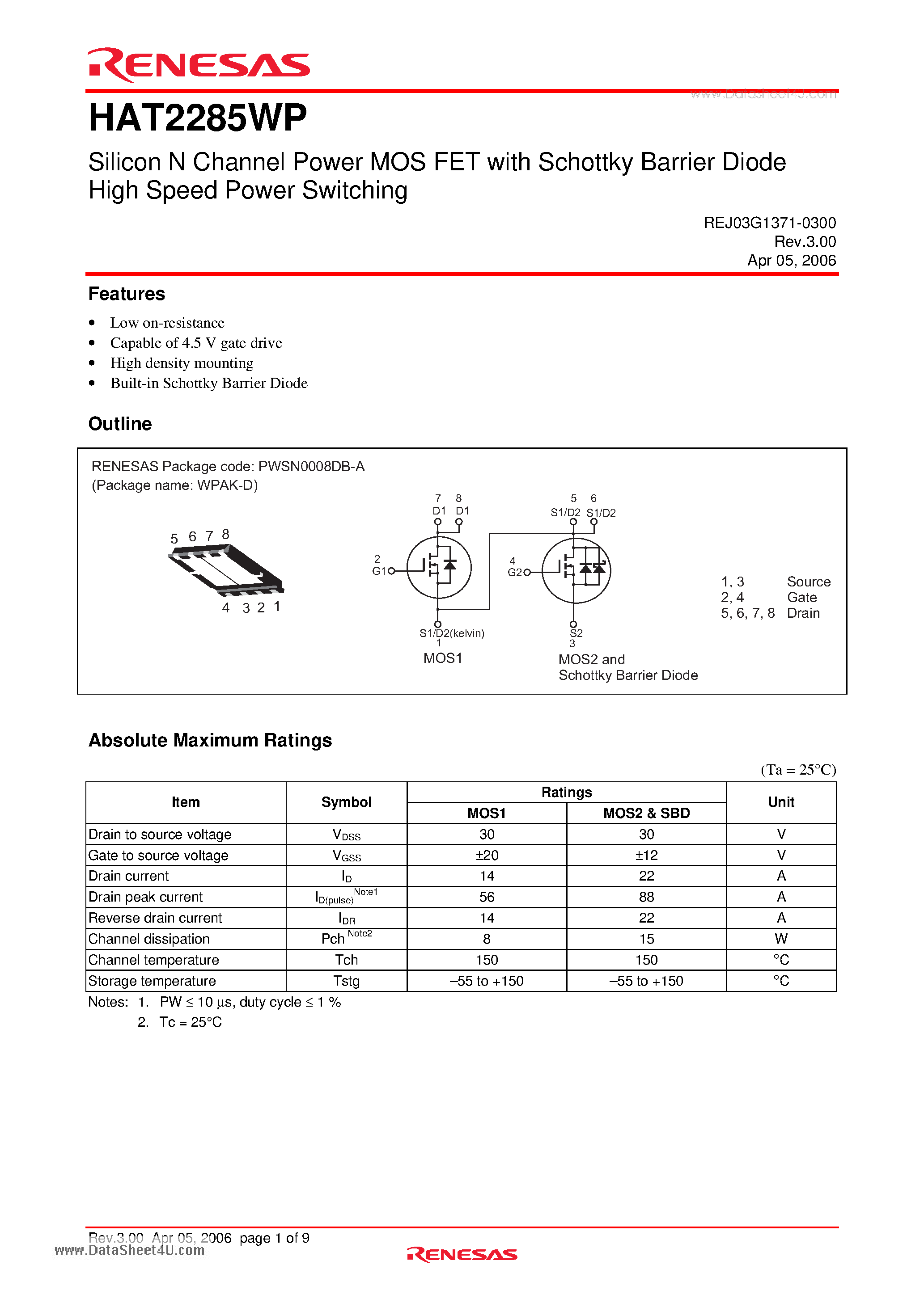 Datasheet HAT2285WP page 1 Datasheet HAT2285WP - Silicon N Channel Power MOS FET page 1