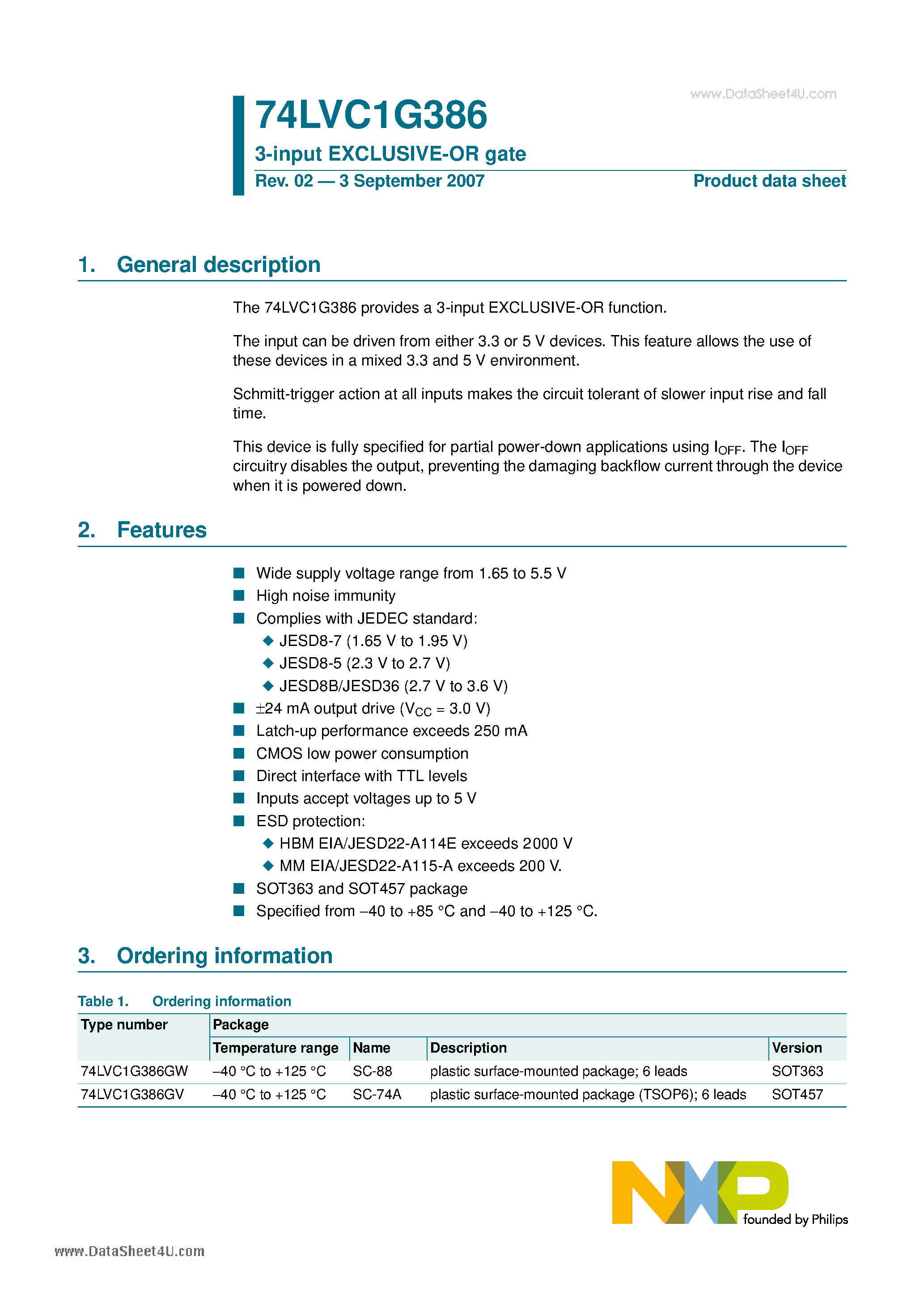 Datasheet 74LVC1G386 page 1 Datasheet 74LVC1G386 - 3-input EXCLUSIVE-OR gate page 1