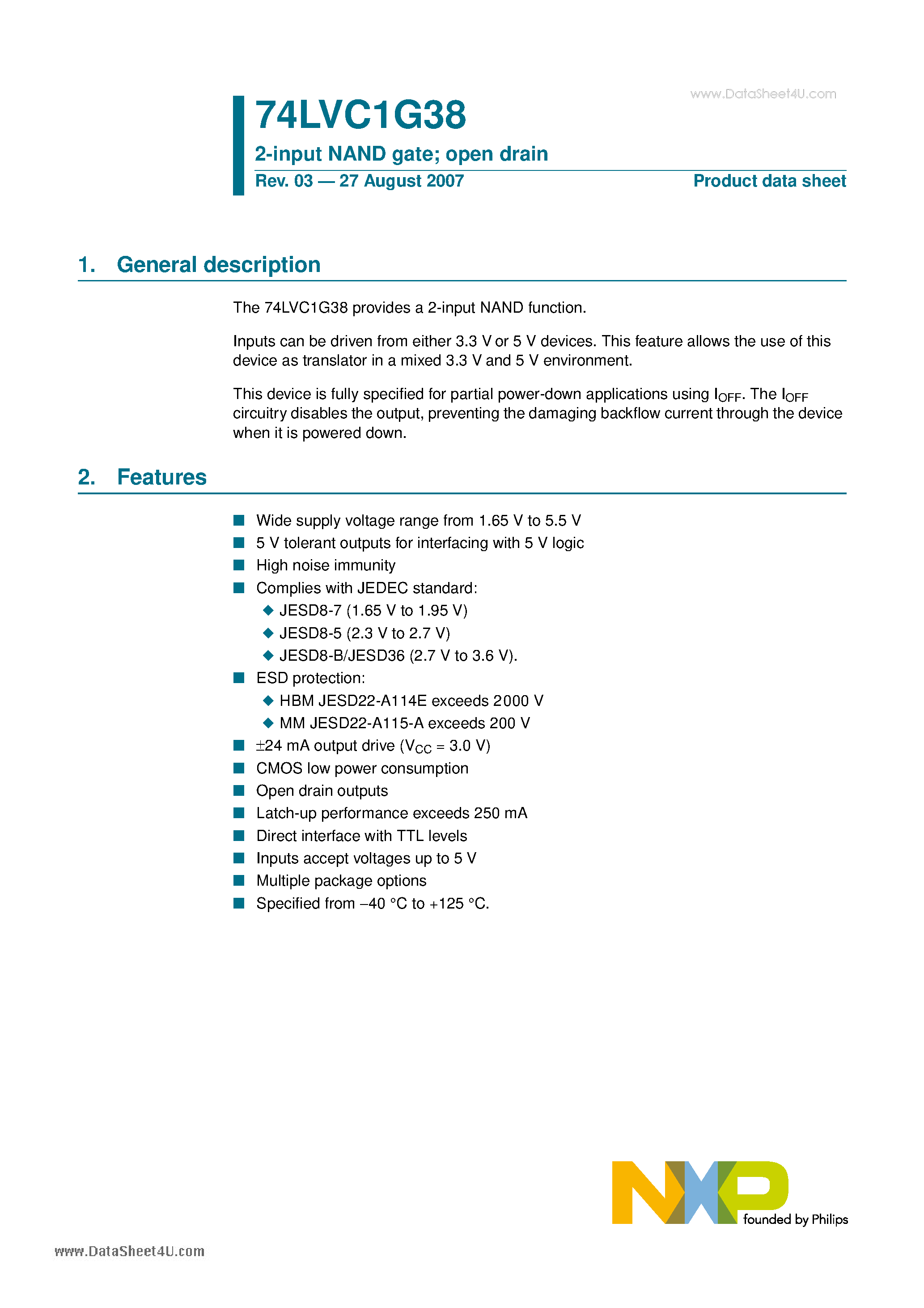 Даташит 74LVC1G38 - 2-input NAND gate open drain страница 1