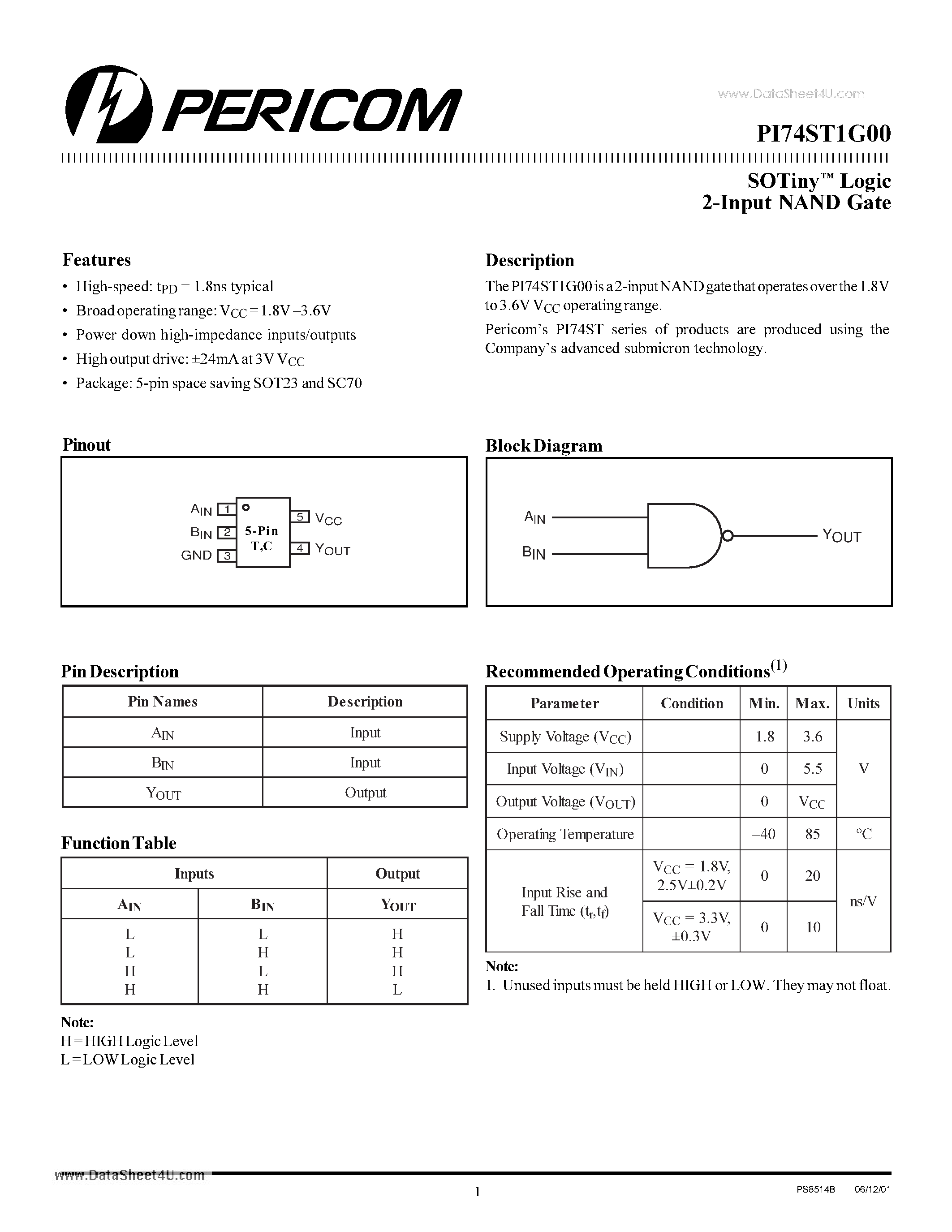 Datasheet PI74ST1G00 - SOTiny Logic 2-Input NAND Gate page 1