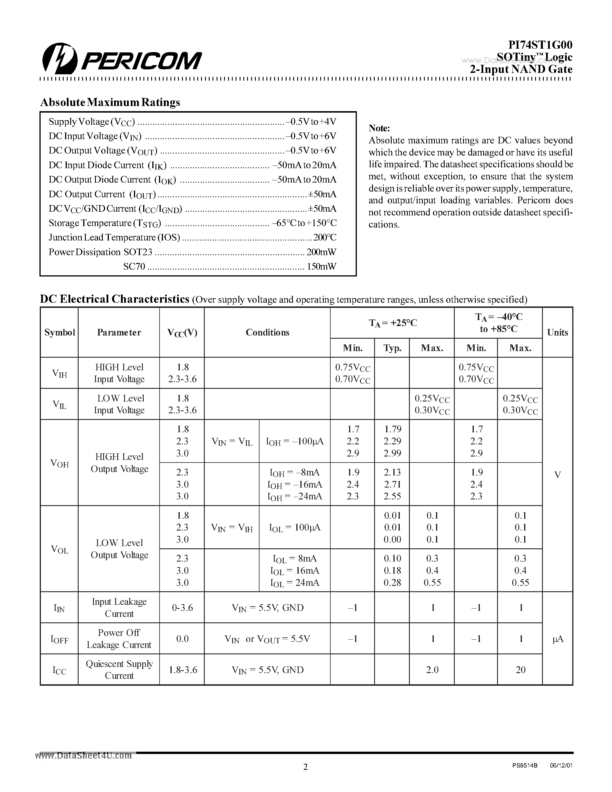 Datasheet PI74ST1G00 - SOTiny Logic 2-Input NAND Gate page 2