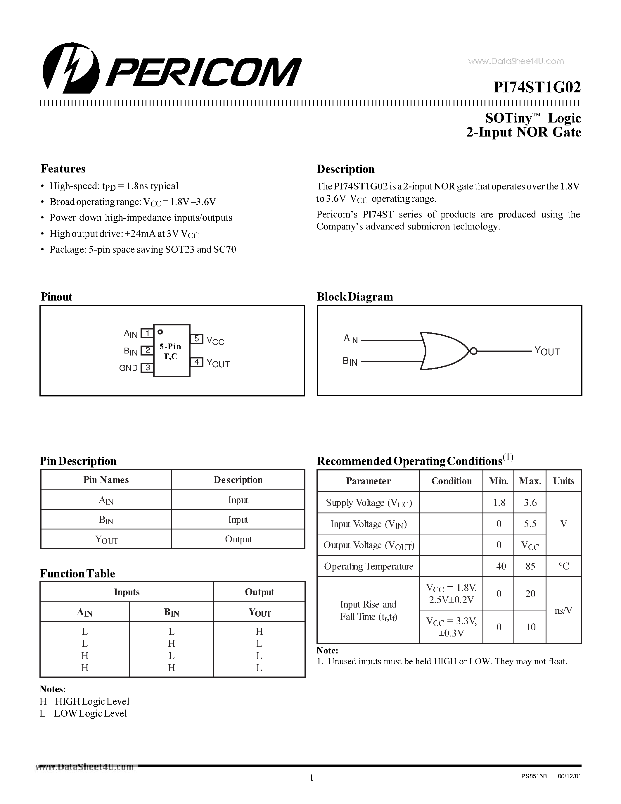 Datasheet PI74ST1G02 - SOTiny Logic 2-Input NOR Gate page 1