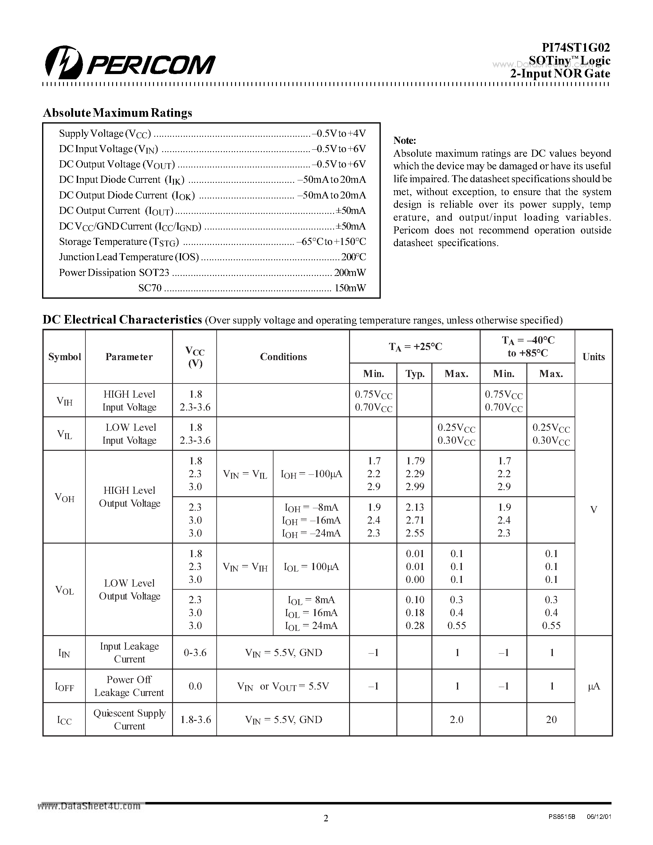Datasheet PI74ST1G02 - SOTiny Logic 2-Input NOR Gate page 2