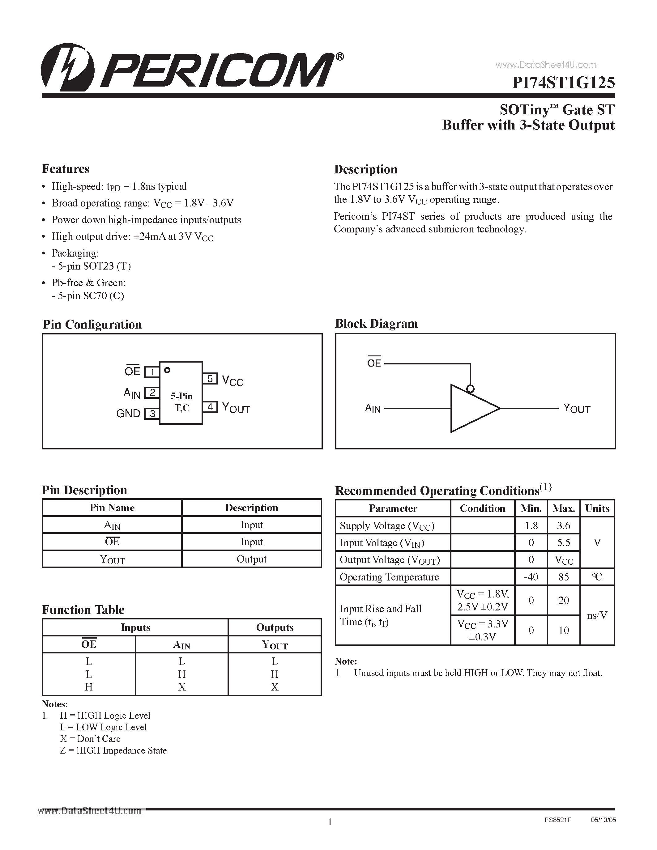 Datasheet PI74ST1G125 - Buffer with 3-State Output page 1
