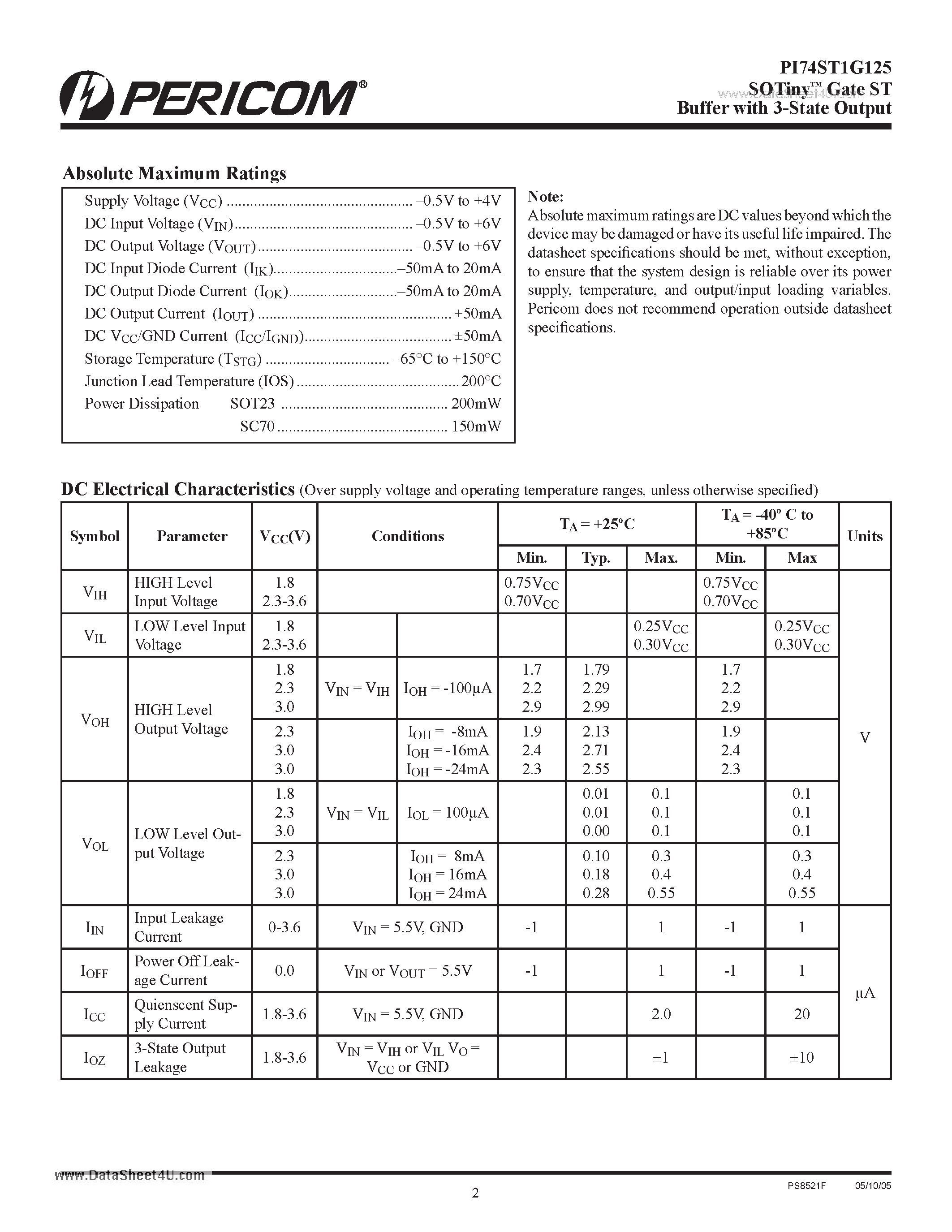 Datasheet PI74ST1G125 - Buffer with 3-State Output page 2