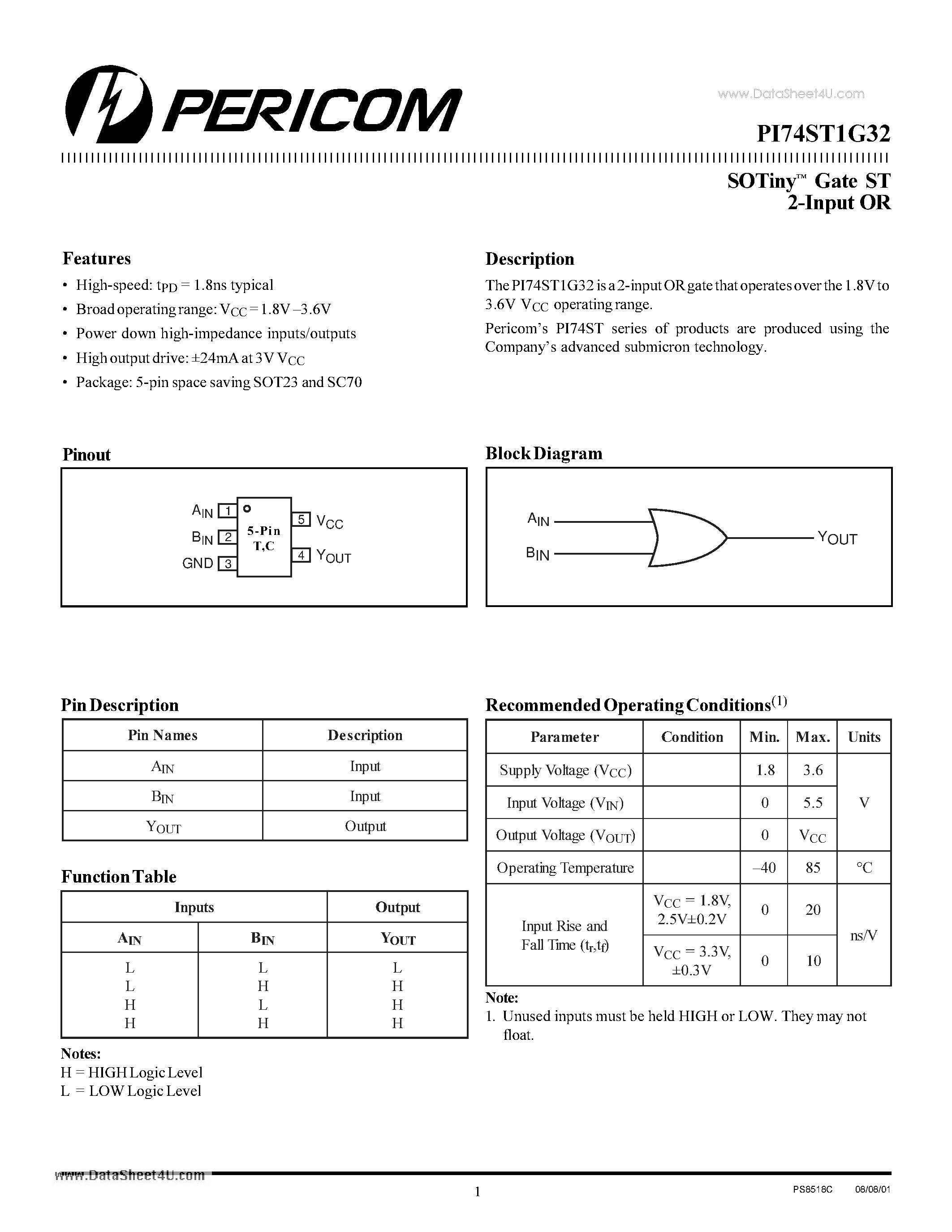 Datasheet PI74ST1G32 - SOTiny-TM Logic 2-Input OR Gate page 1