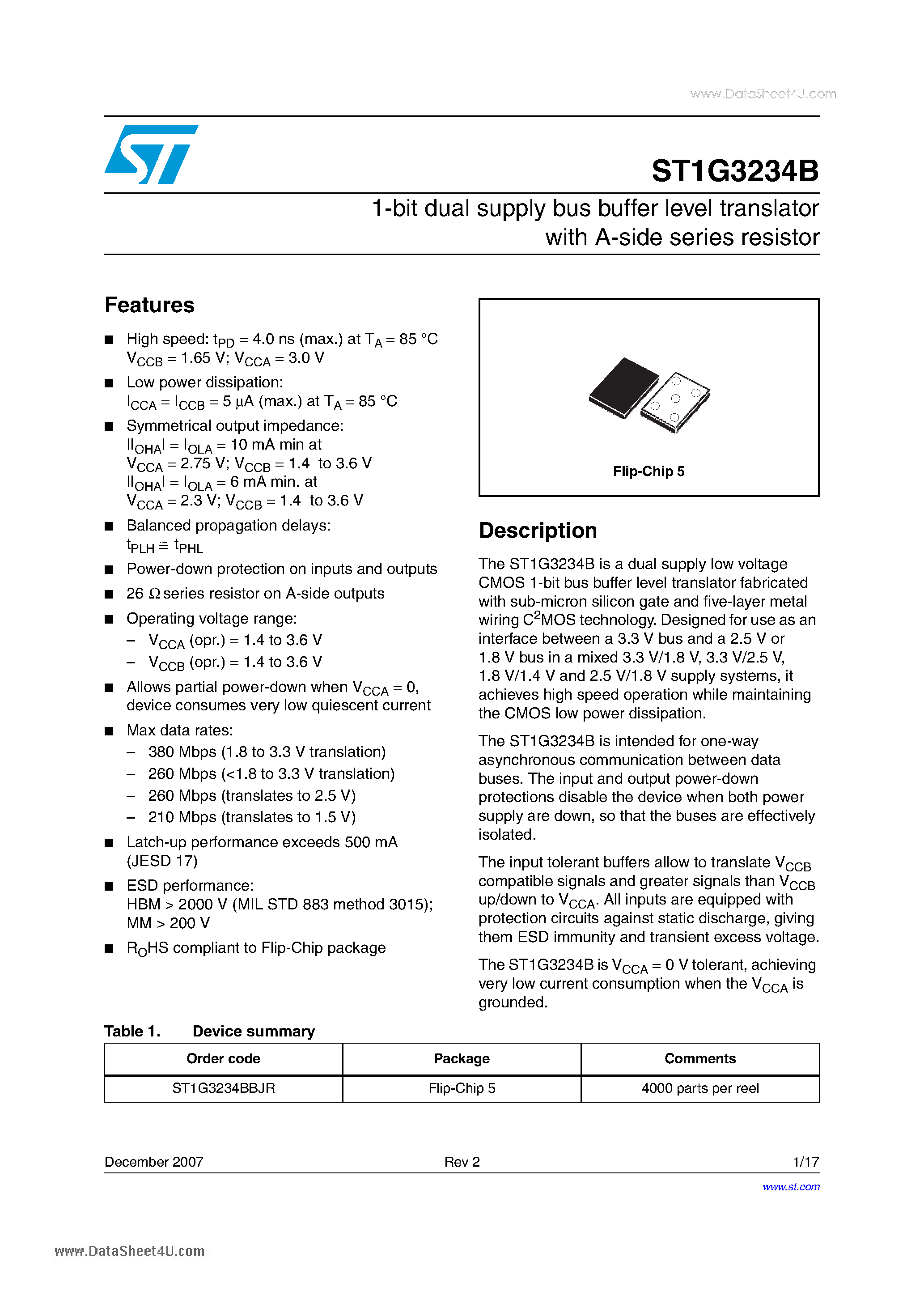 Datasheet ST1G3234B page 1 Datasheet ST1G3234B - 1-bit dual supply bus buffer level translator page 1