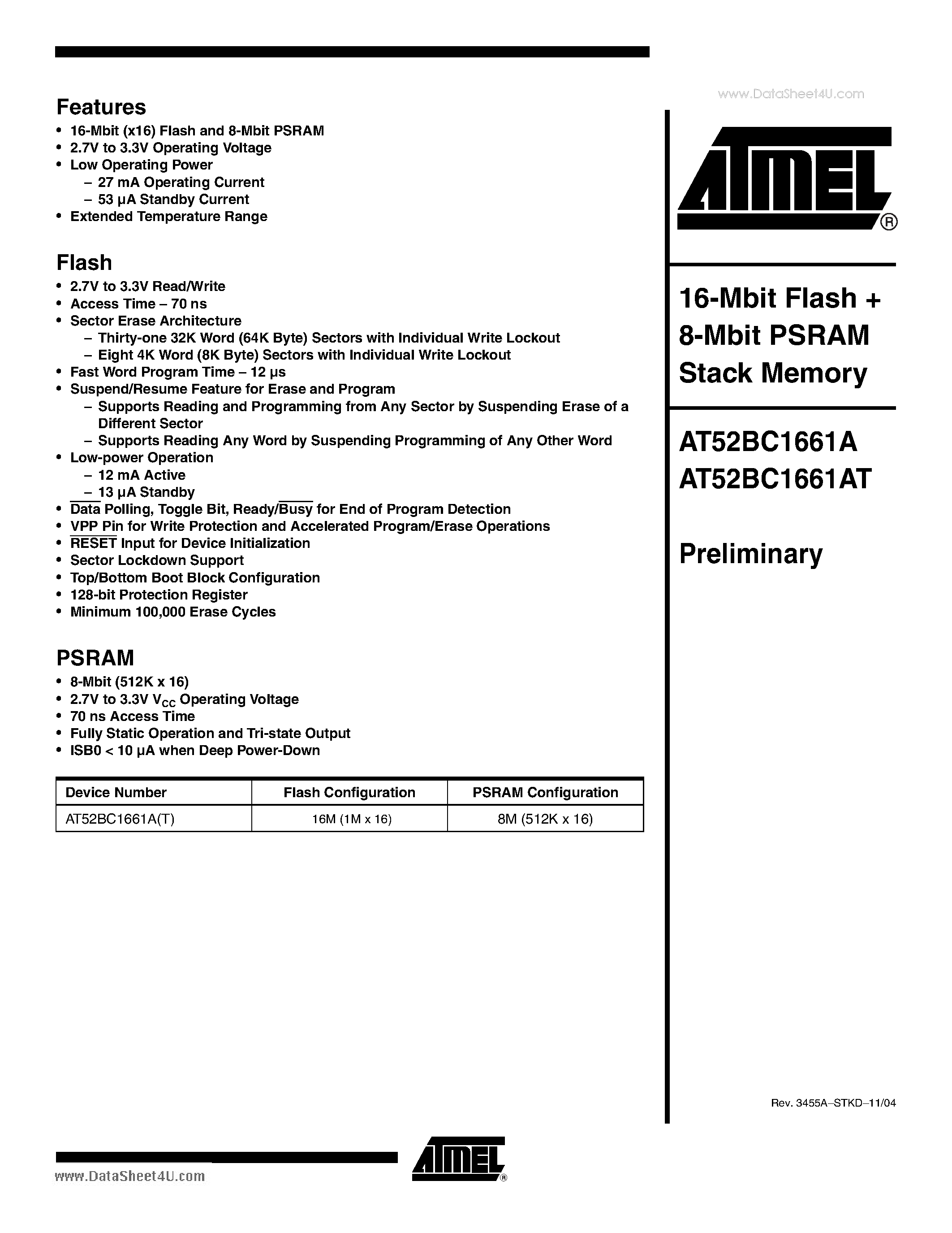 Datasheet AT52BC1661A - 16-Mbit Flash 8-Mbit PSRAM Stack Memory page 1