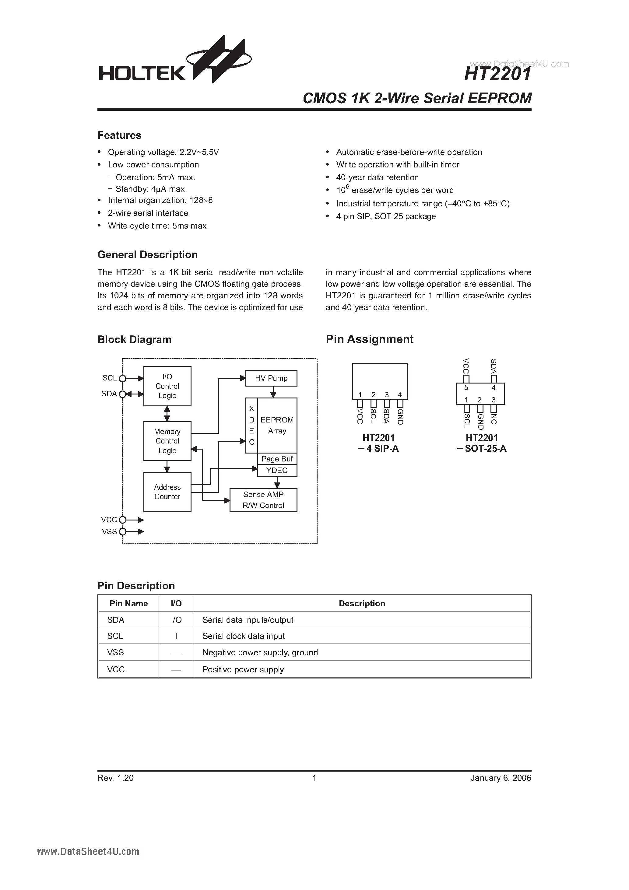 Datasheet HT2201 - CMOS 1K 2-Wire Serial EEPROM page 1