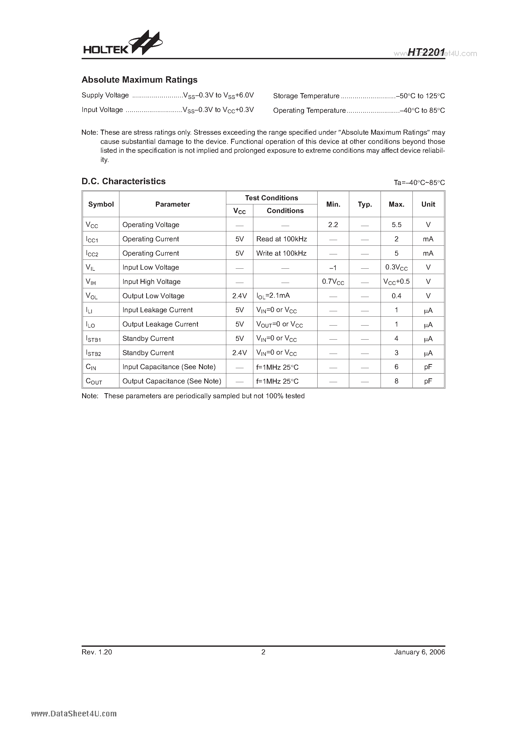 Datasheet HT2201 - CMOS 1K 2-Wire Serial EEPROM page 2