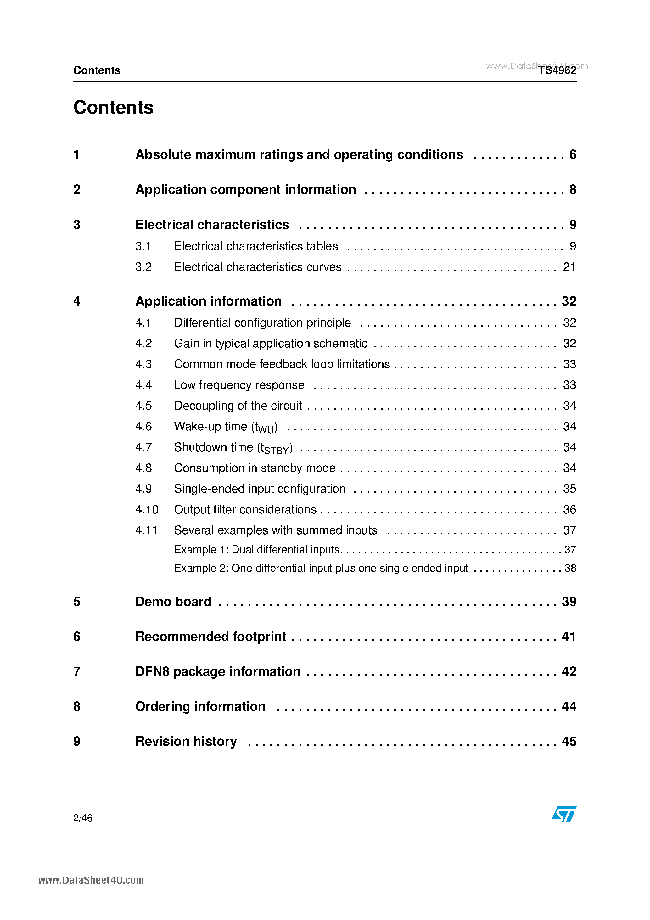 Datasheet TS4962 - 2.8W filter-free mono class D audio power amplifier page 2