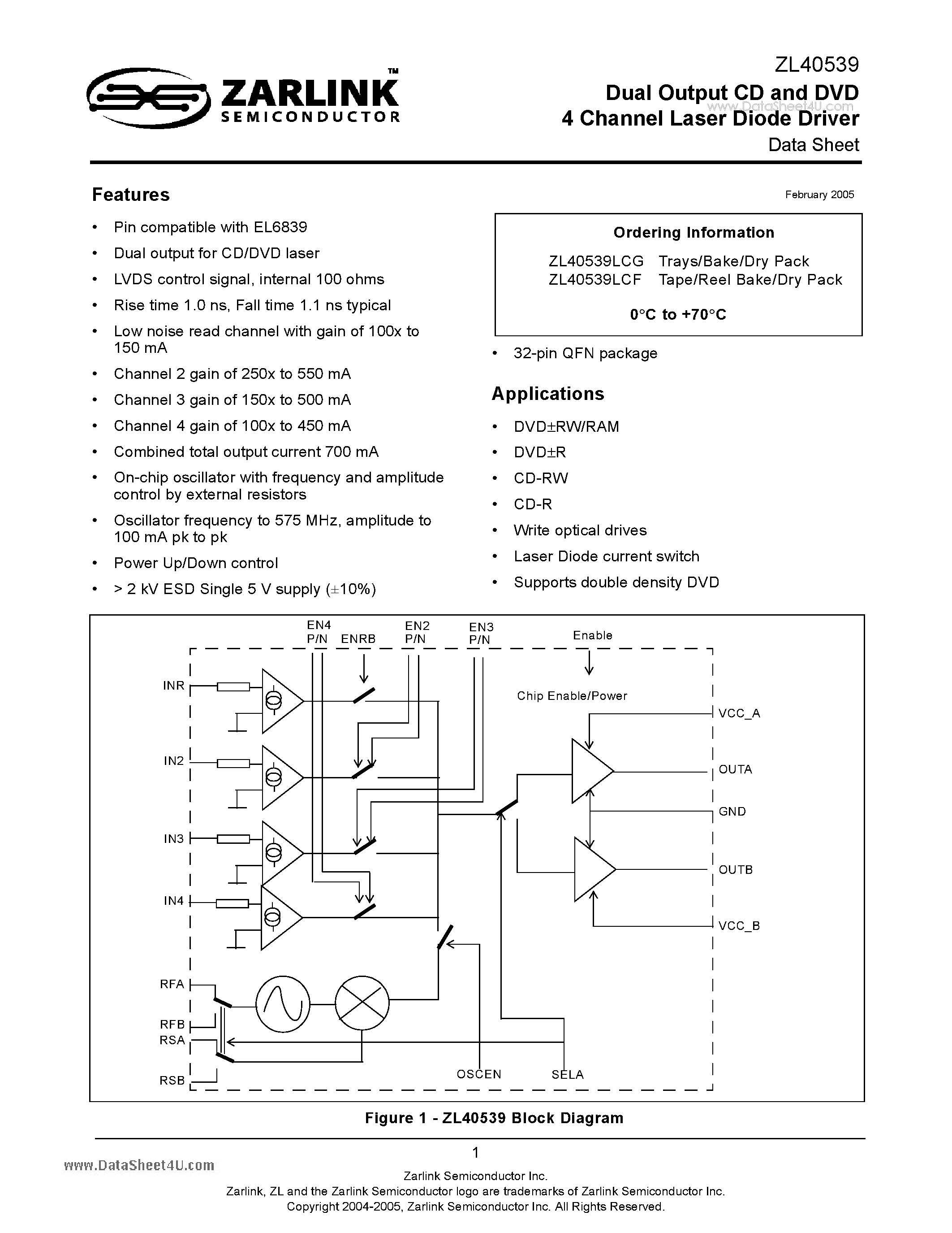 Datasheet ZL40539 - Dual Output CD and DVD 4 Channel Laser Diode Driver page 1