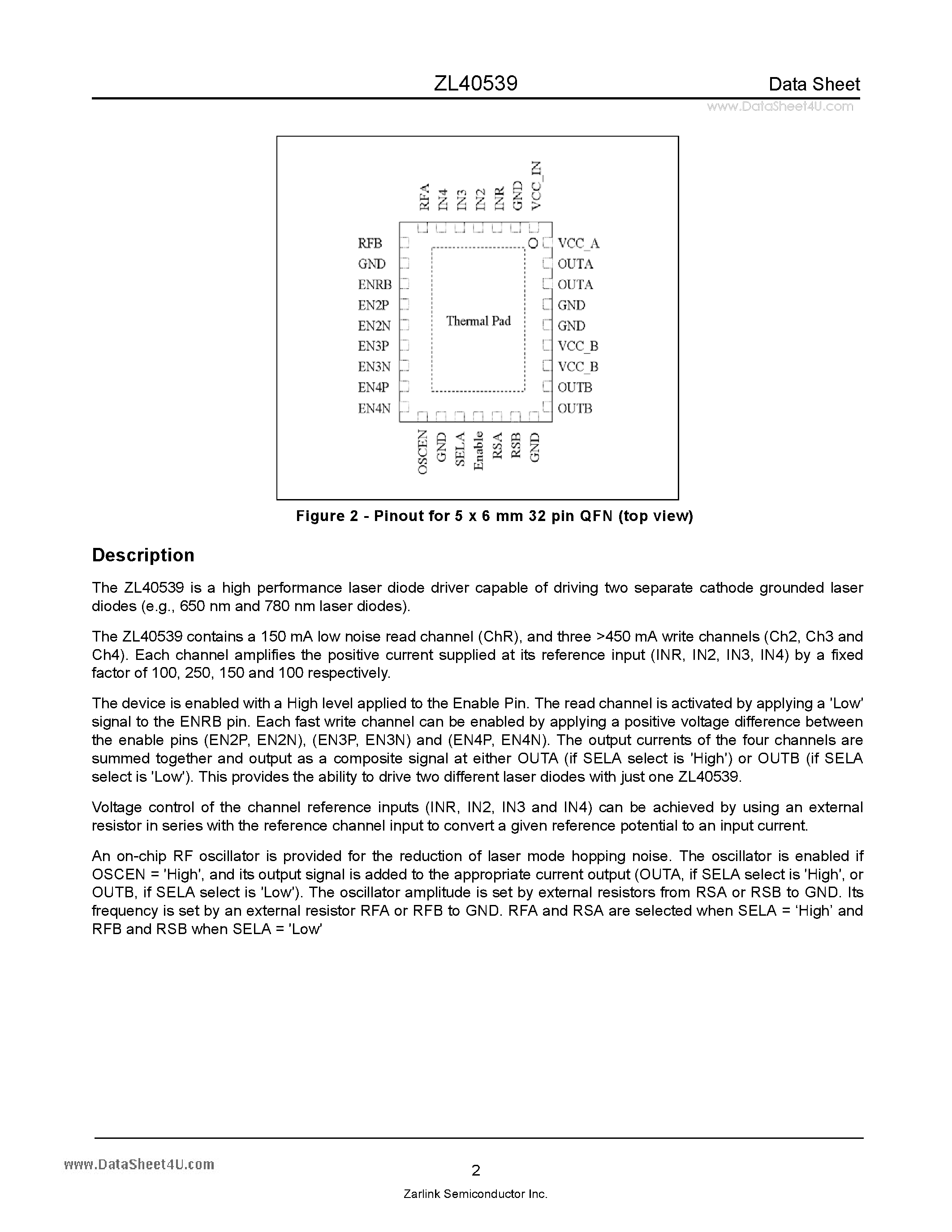 Datasheet ZL40539 - Dual Output CD and DVD 4 Channel Laser Diode Driver page 2