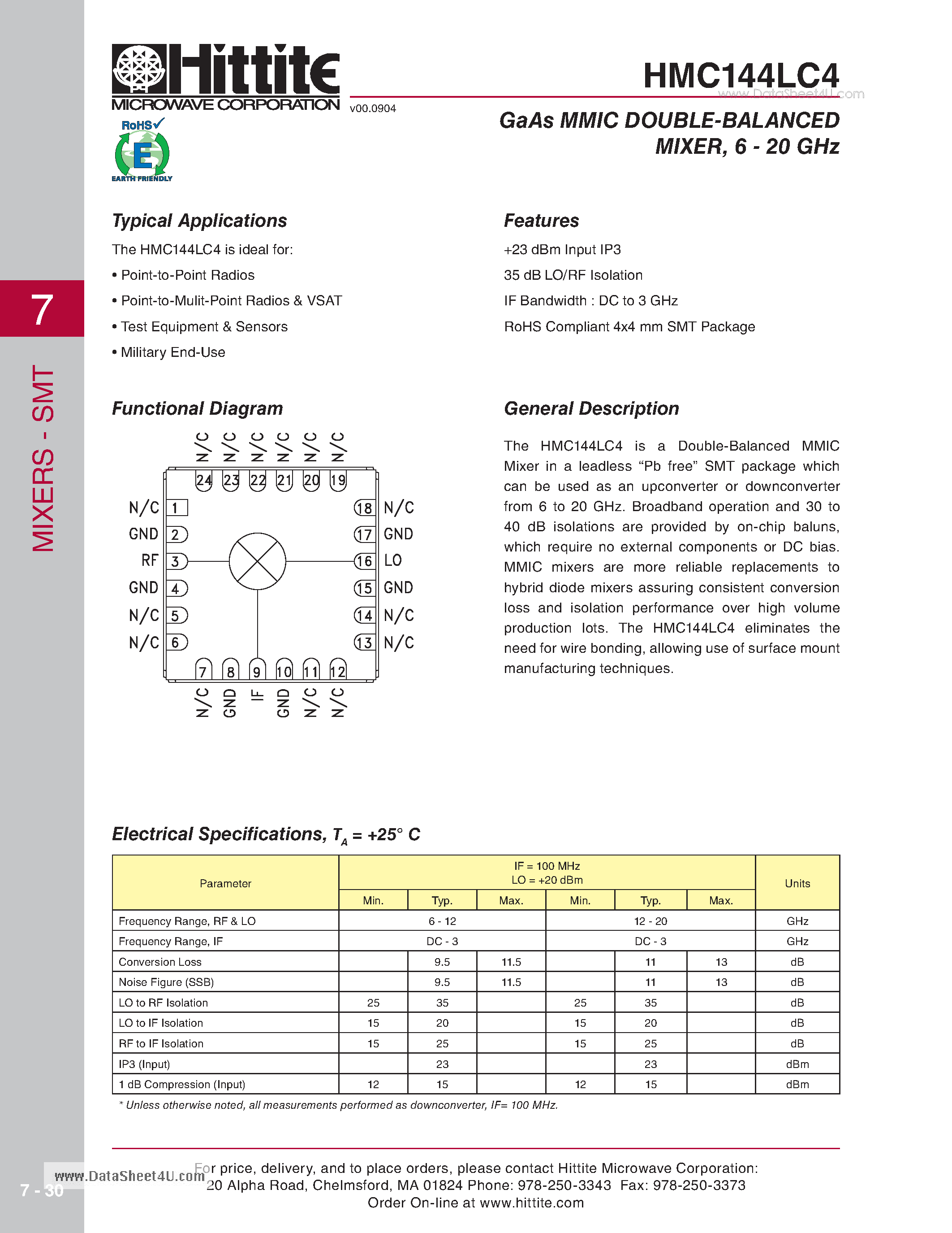 Datasheet HMC144LC4 page 1 Datasheet HMC144LC4 - GaAs MMIC DOUBLE-BALANCED MIXER 6 - 20 GHz page 1
