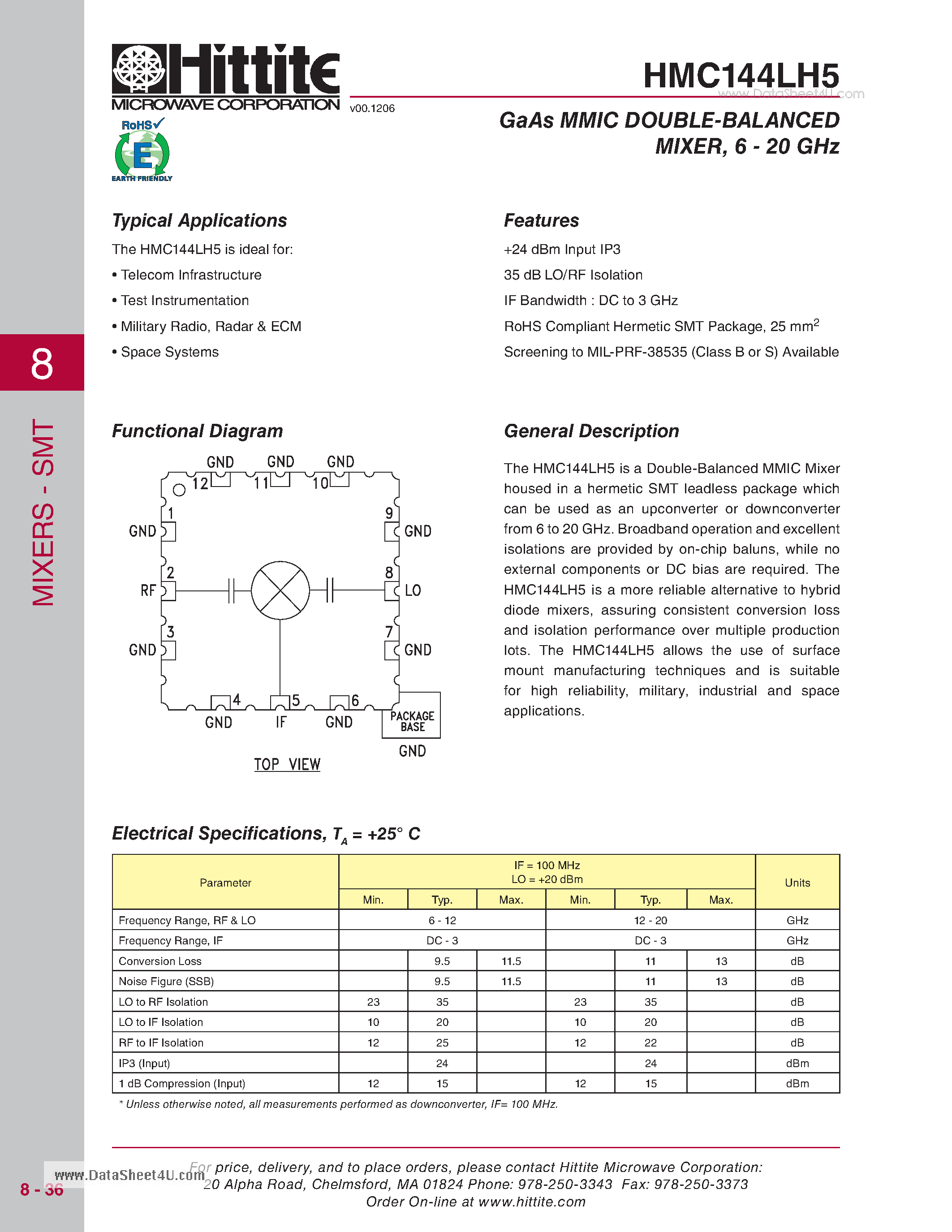 Datasheet HMC144LH5 page 1 Datasheet HMC144LH5 - GaAs MMIC DOUBLE-BALANCED MIXER 6 - 20 GHz page 1