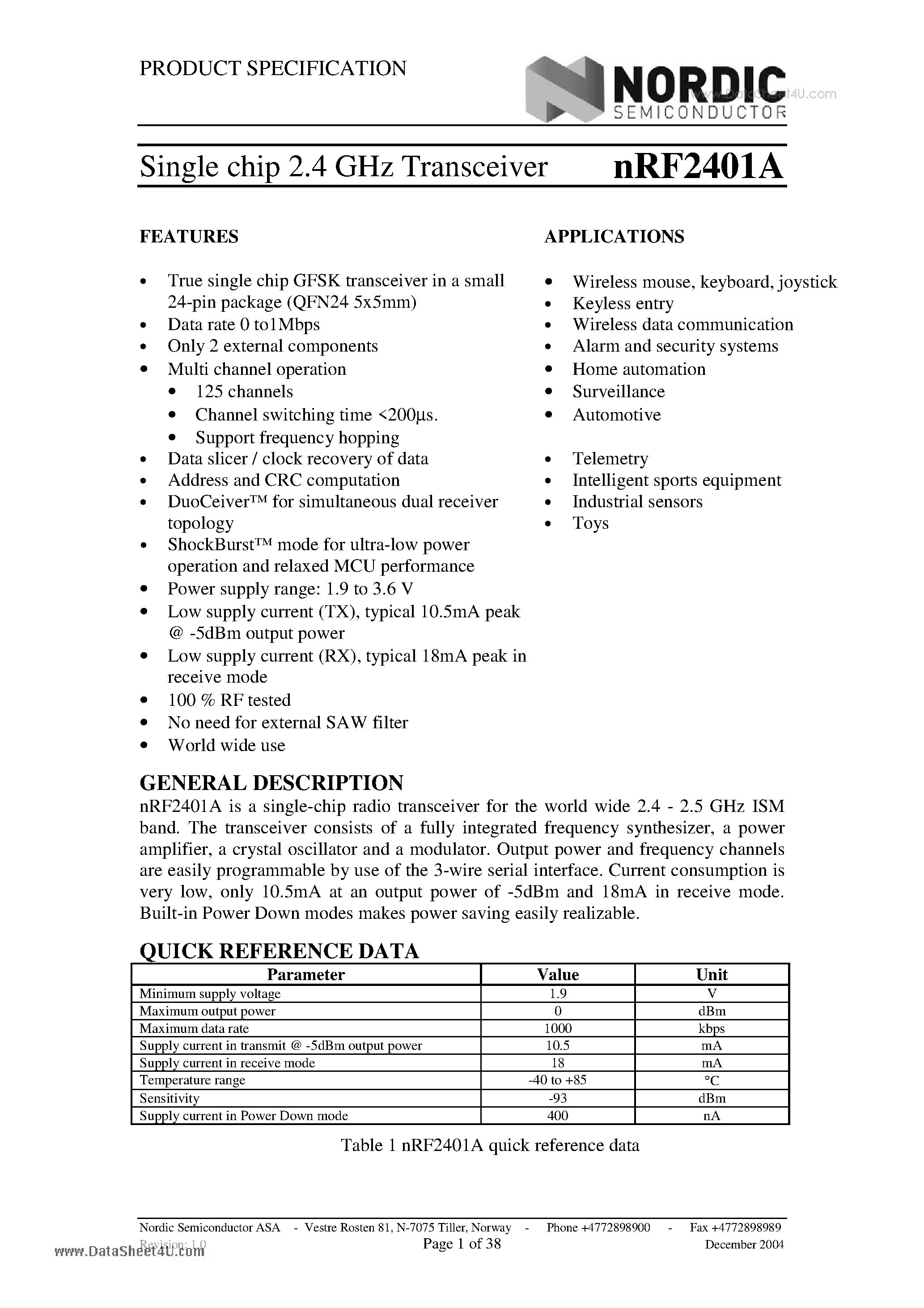Datasheet nRF2401A - Single chip 2.4 GHz Transceiver page 1
