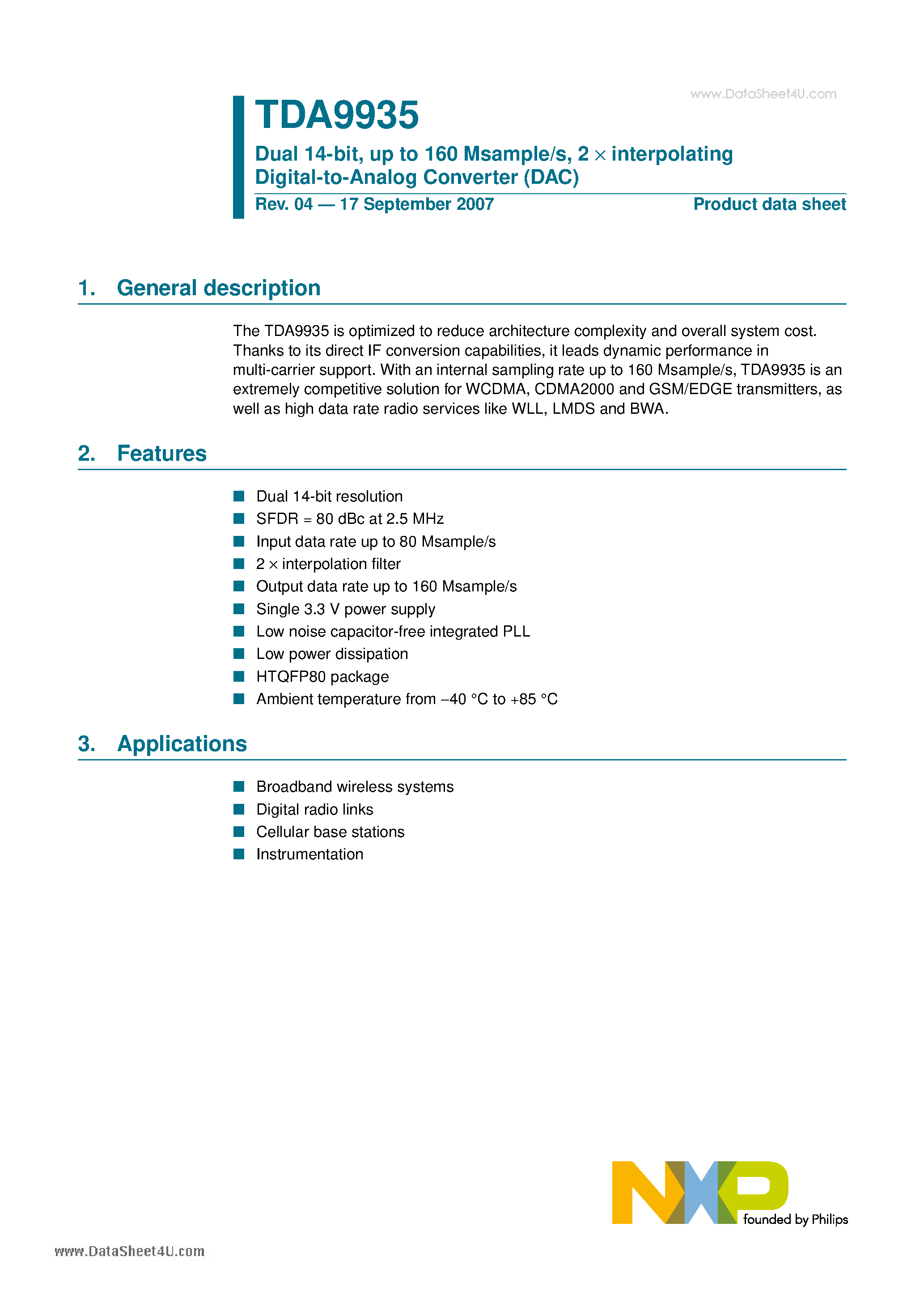 Datasheet TDA9935 - Dual 14-bit up to 160 Msample/s 2 interpolating Digital-to-Analog Converter page 1