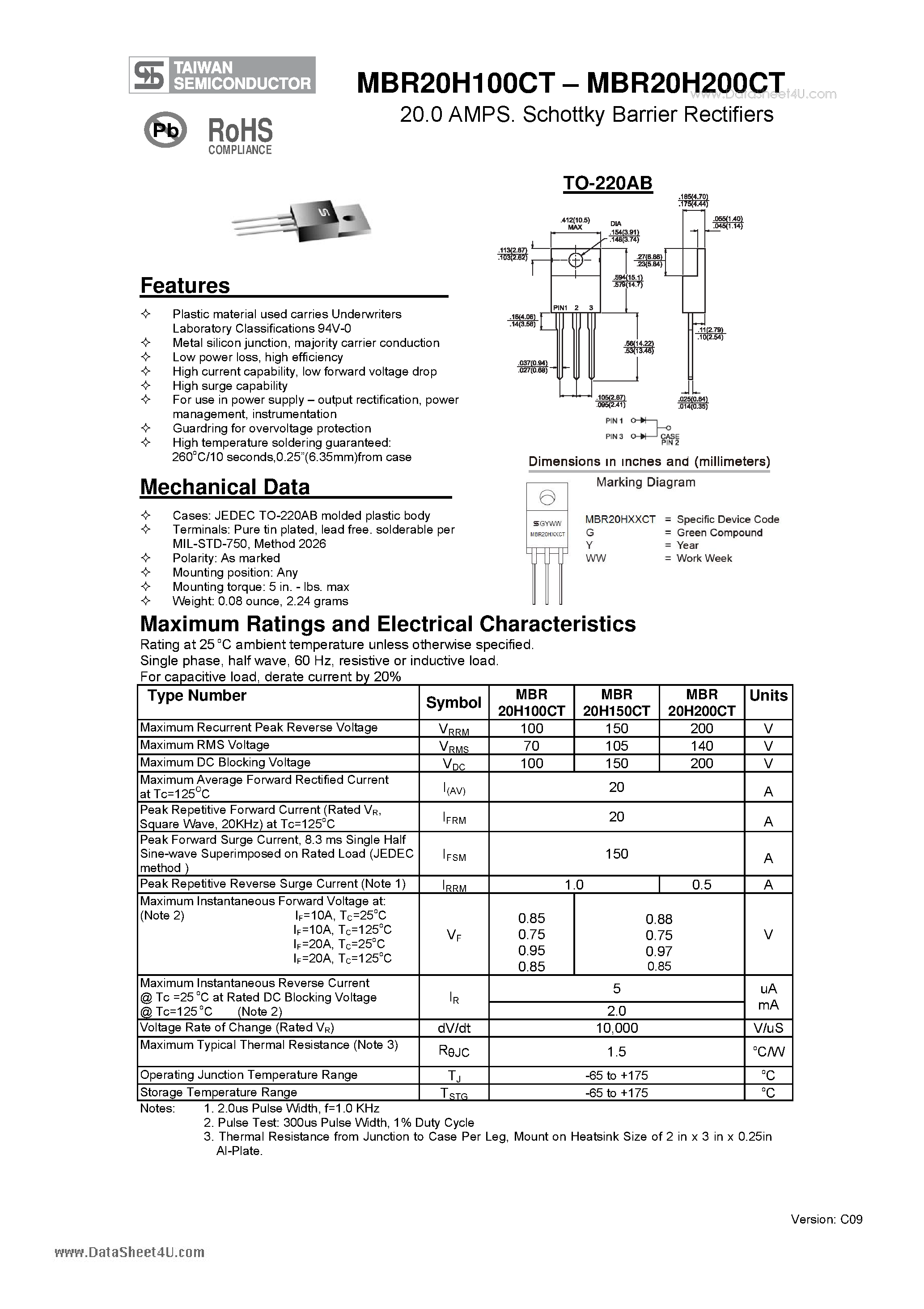 Datasheet MBR20H100CT - 20.0 AMPS. Schottky Barrier Rectifiers page 1
