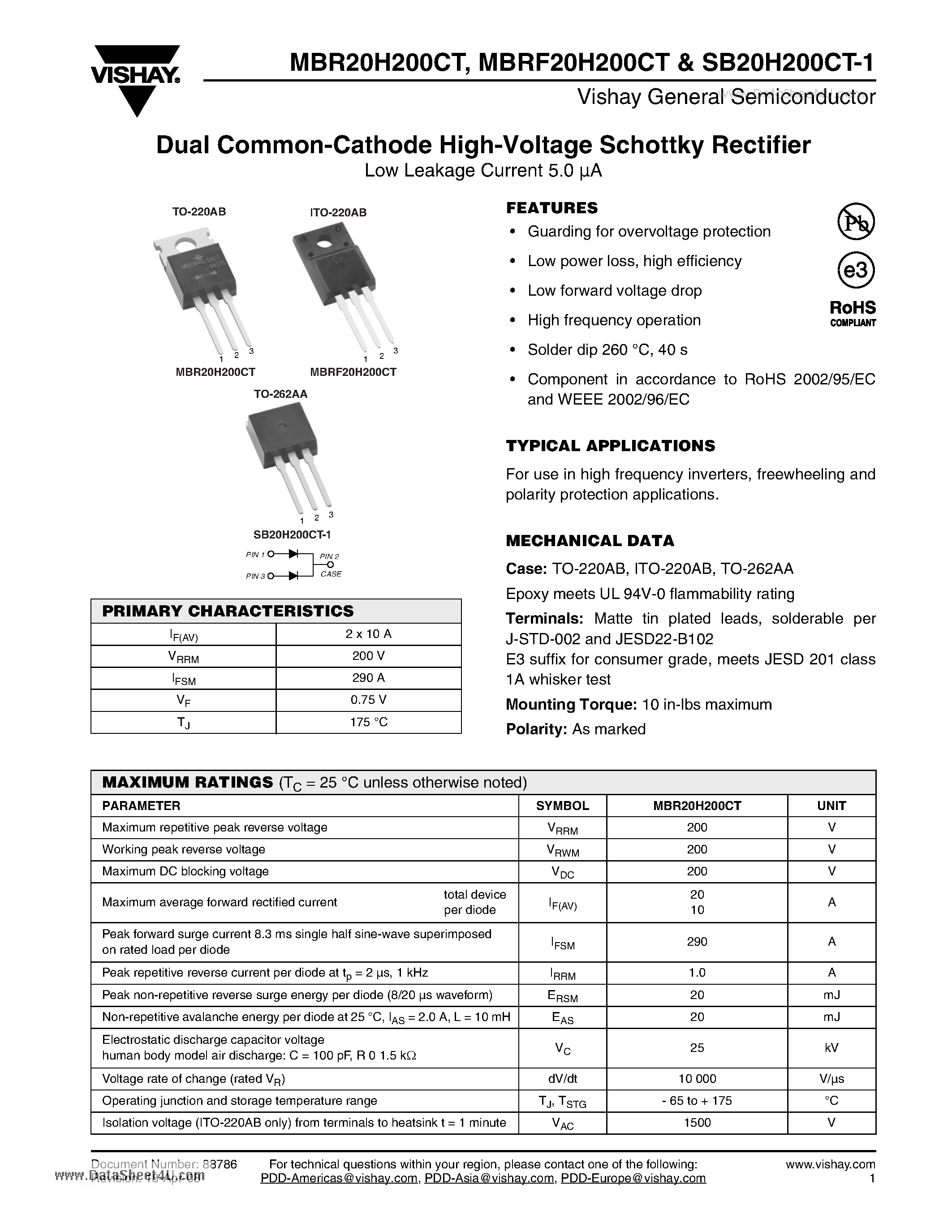 Даташит MBR20H200CT - Dual Common-Cathode High-Voltage Schottky Rectifier страница 1