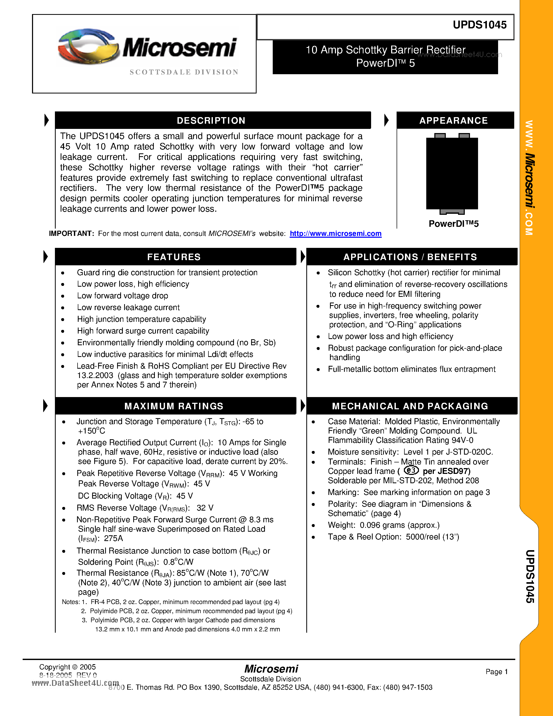 Datasheet UPDS1045 - 10 Amp Schottky Barrier Rectifier PowerDI 5 page 1