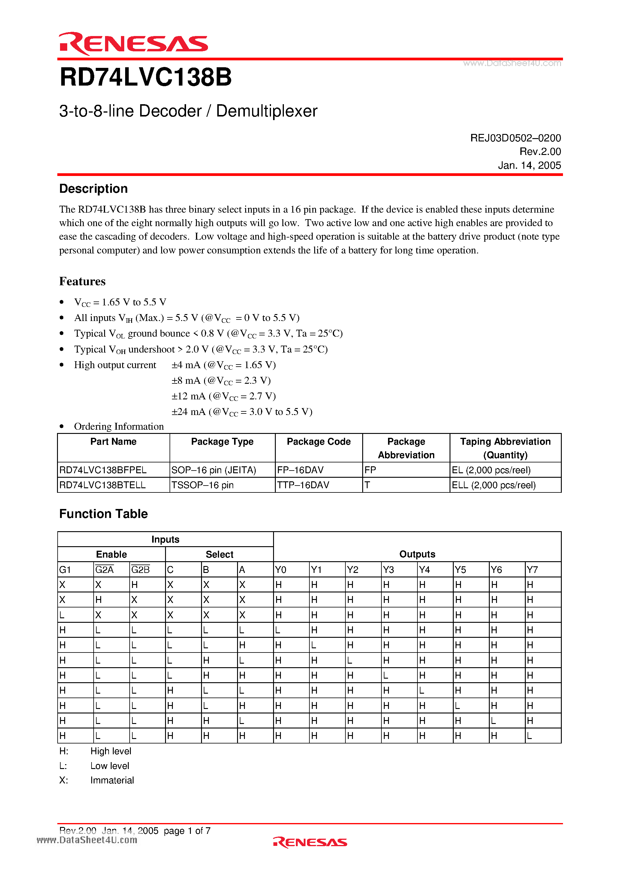 Datasheet RD74LVC138B - 3-to-8-line Decoder / Demultiplexer page 1