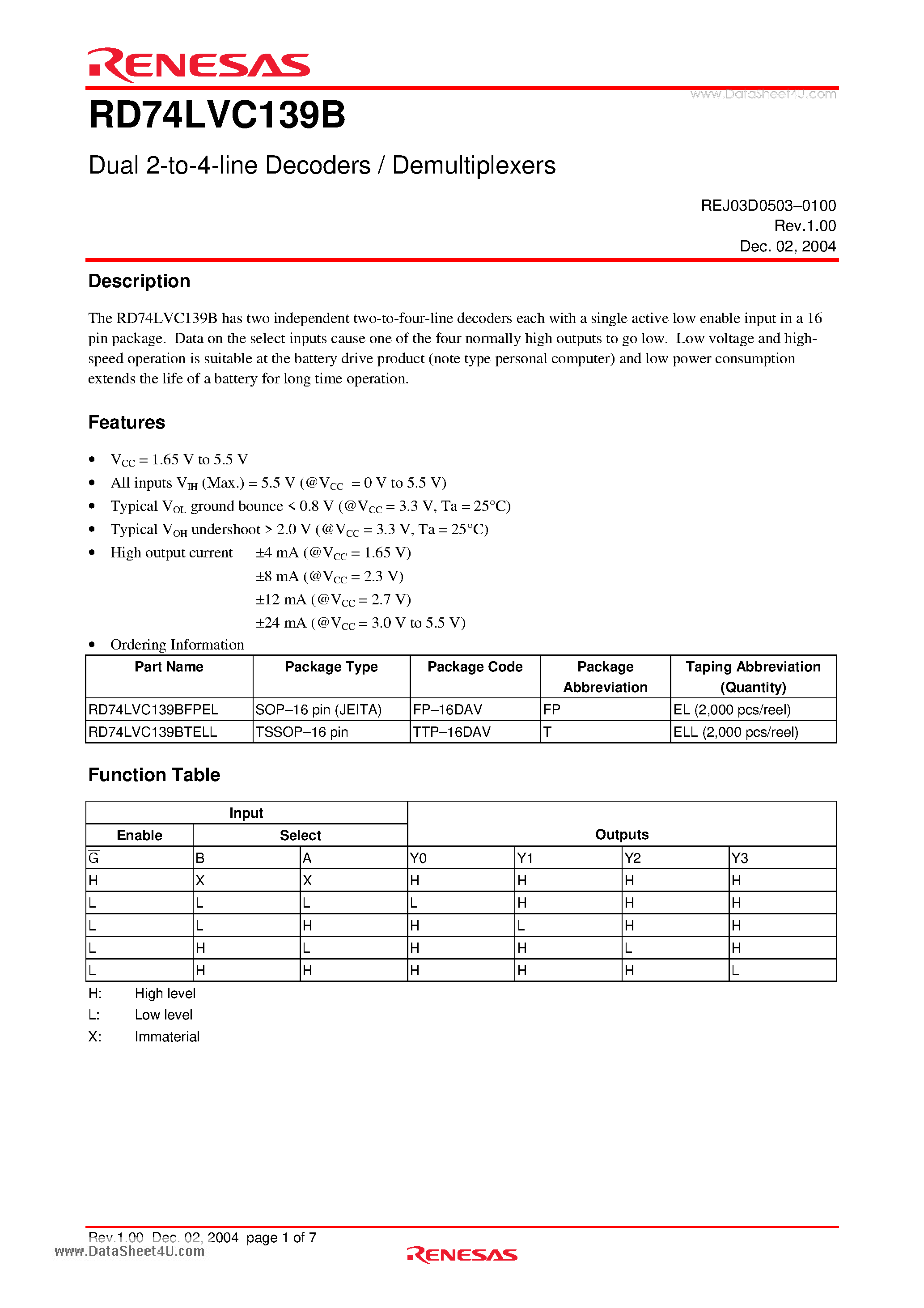 Datasheet RD74LVC139B - Dual 2-to-4-line Decoders / Demultiplexers page 1