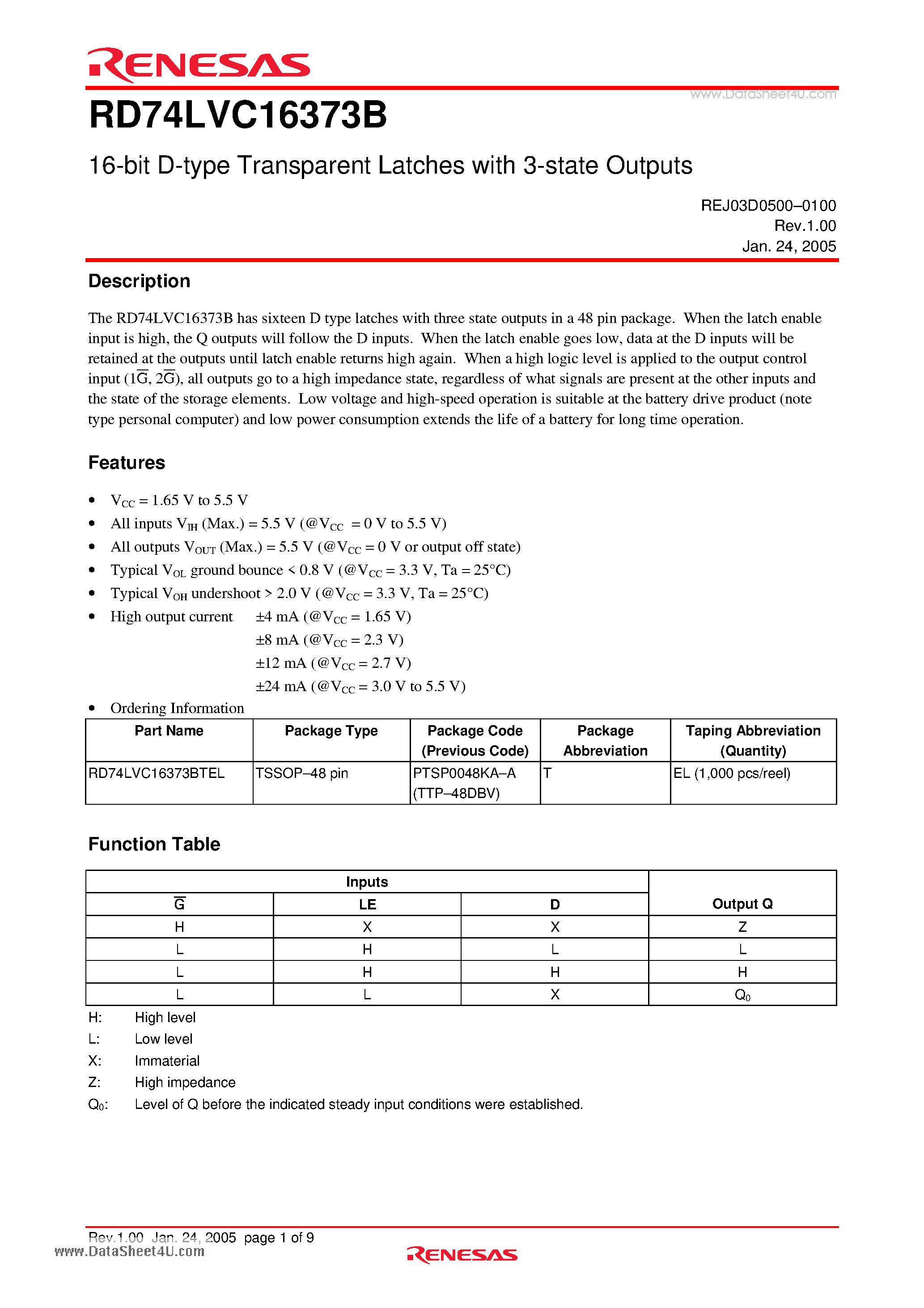 Datasheet RD74LVC16373B - 16-bit D-type Transparent Latches page 1