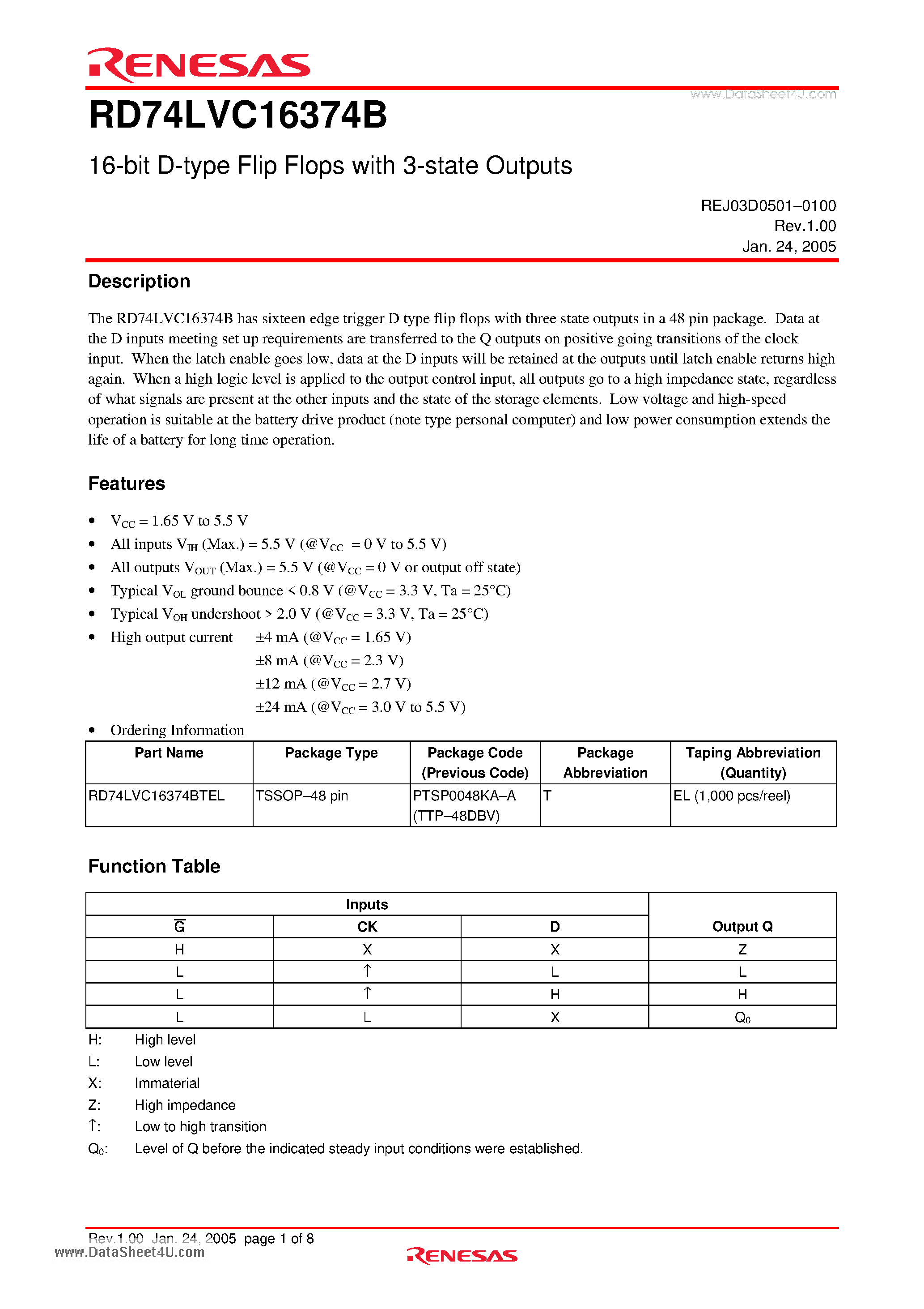 Datasheet RD74LVC16374B - 16-bit D-type Flip Flops page 1