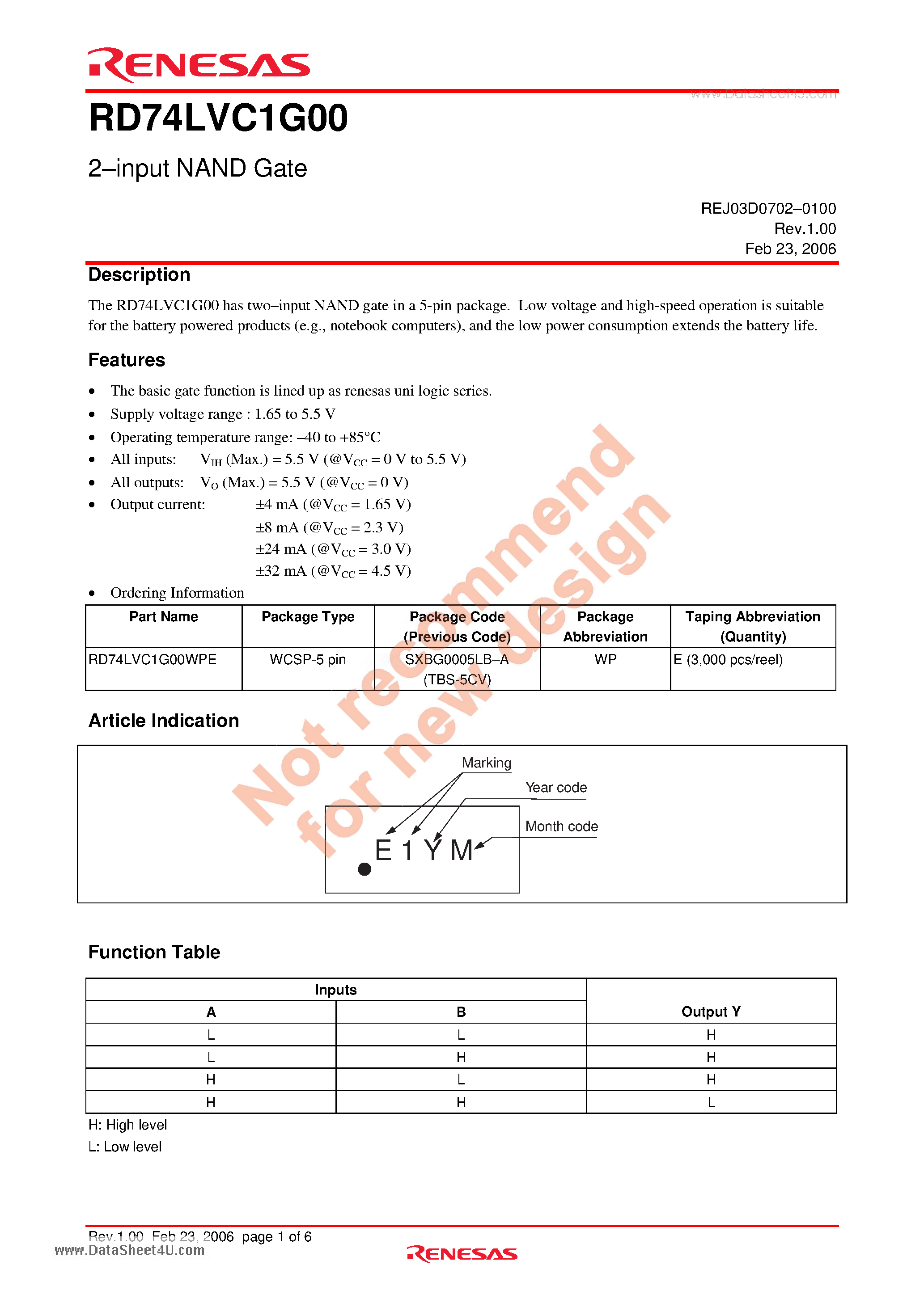 Datasheet RD74LVC1G00 - 2-input NAND Gate page 1