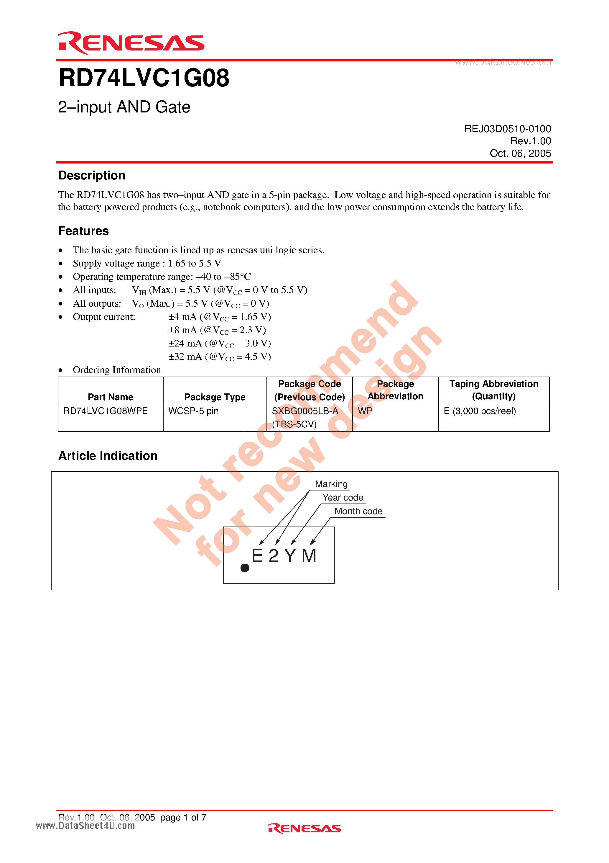Datasheet RD74LVC1G08 - 2-input AND Gate page 1
